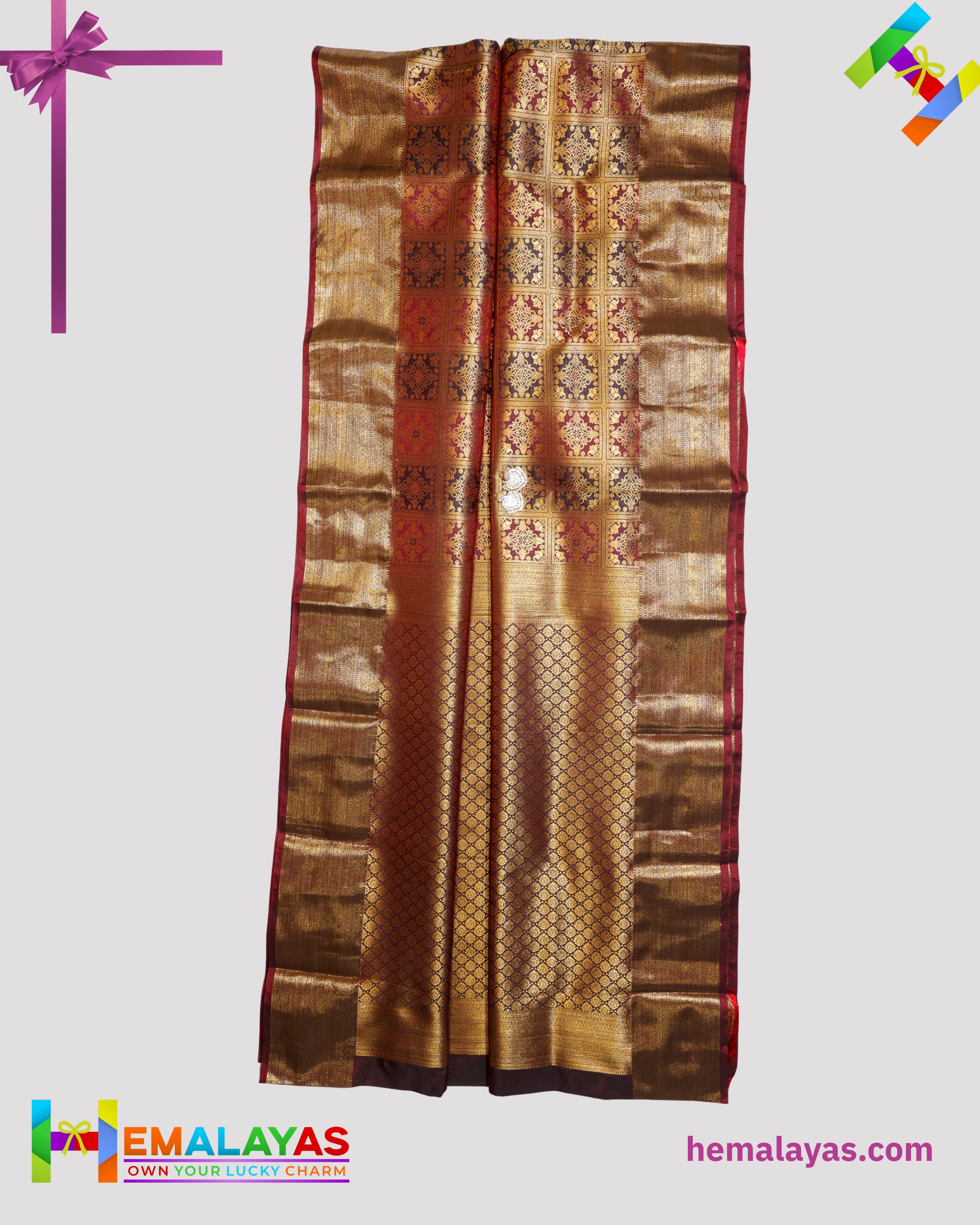 Dark Brown & Maroon Kanchipuram Mix Bridal Silk Saree with Brocade Checks