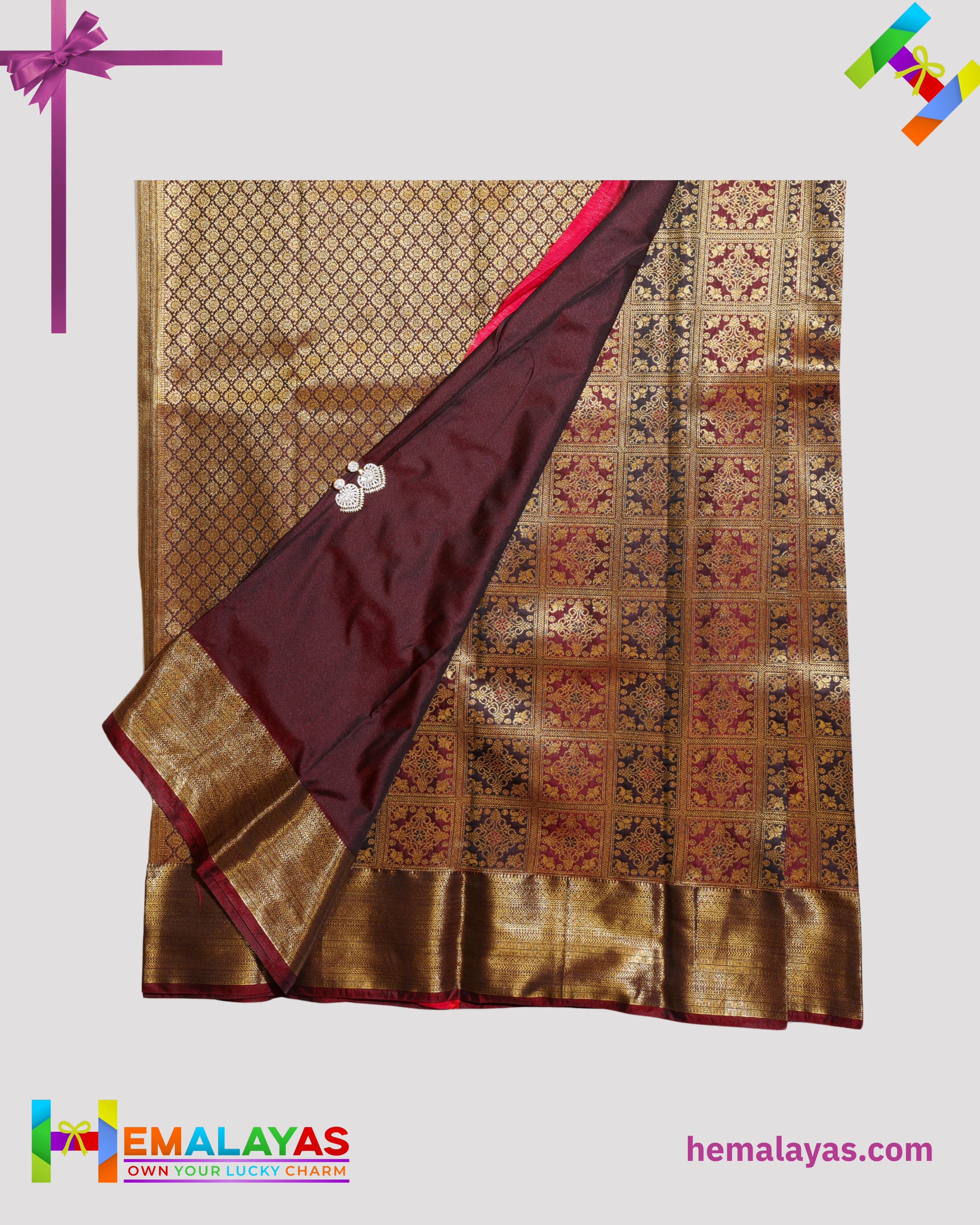 Dark Brown & Maroon Kanchipuram Mix Bridal Silk Saree with Brocade Checks