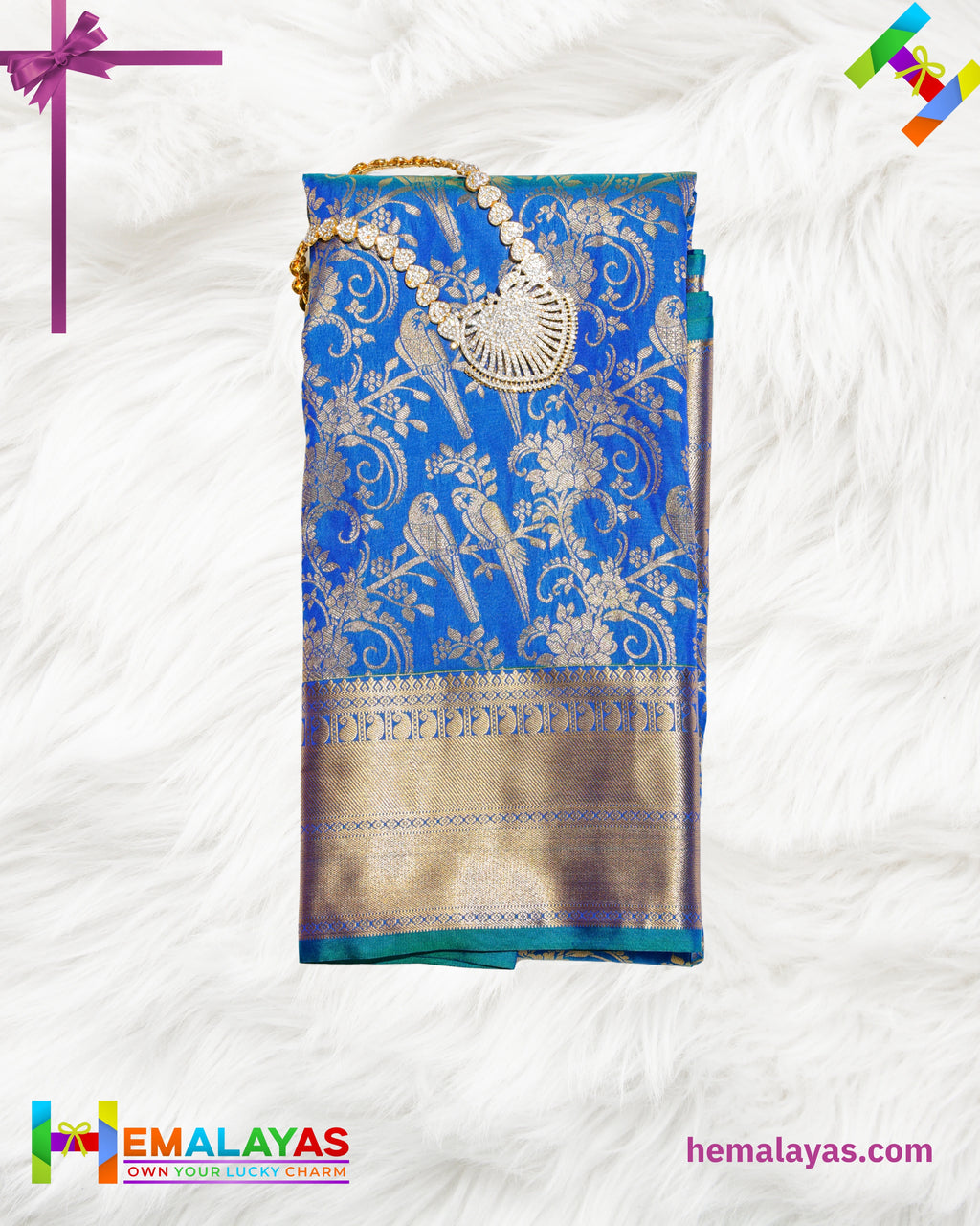 Royal Blue Kanchipuram Mix Silk Saree with Parrot & Floral Zari Design