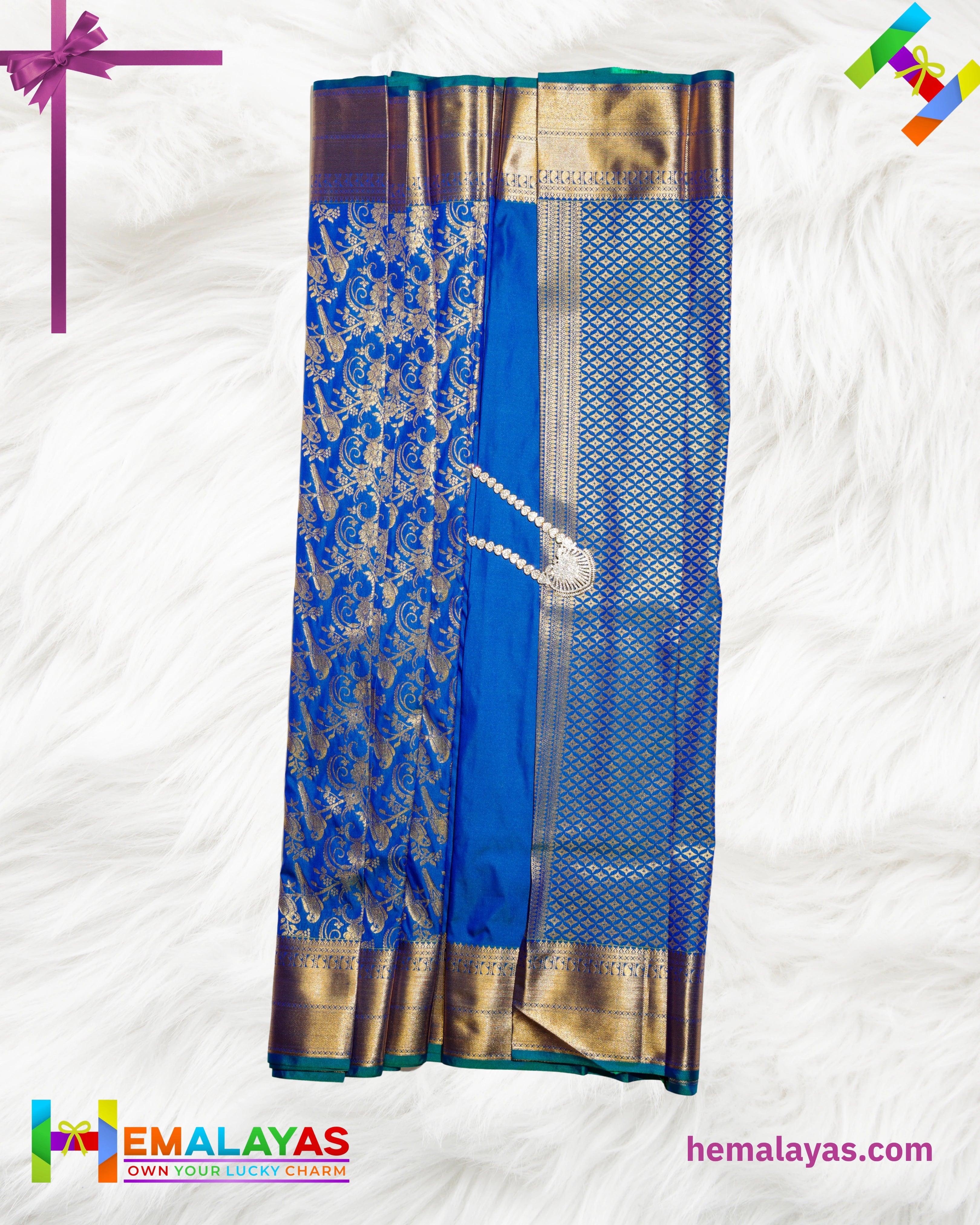 Royal Blue Kanchipuram Mix Silk Saree with Parrot & Floral Zari Design