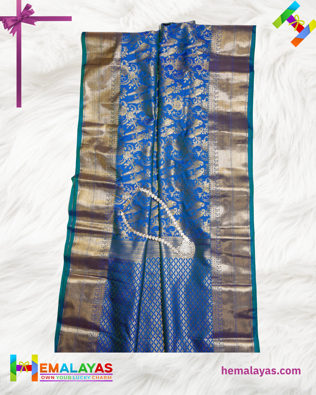 Royal Blue Kanchipuram Mix Silk Saree with Parrot & Floral Zari Design