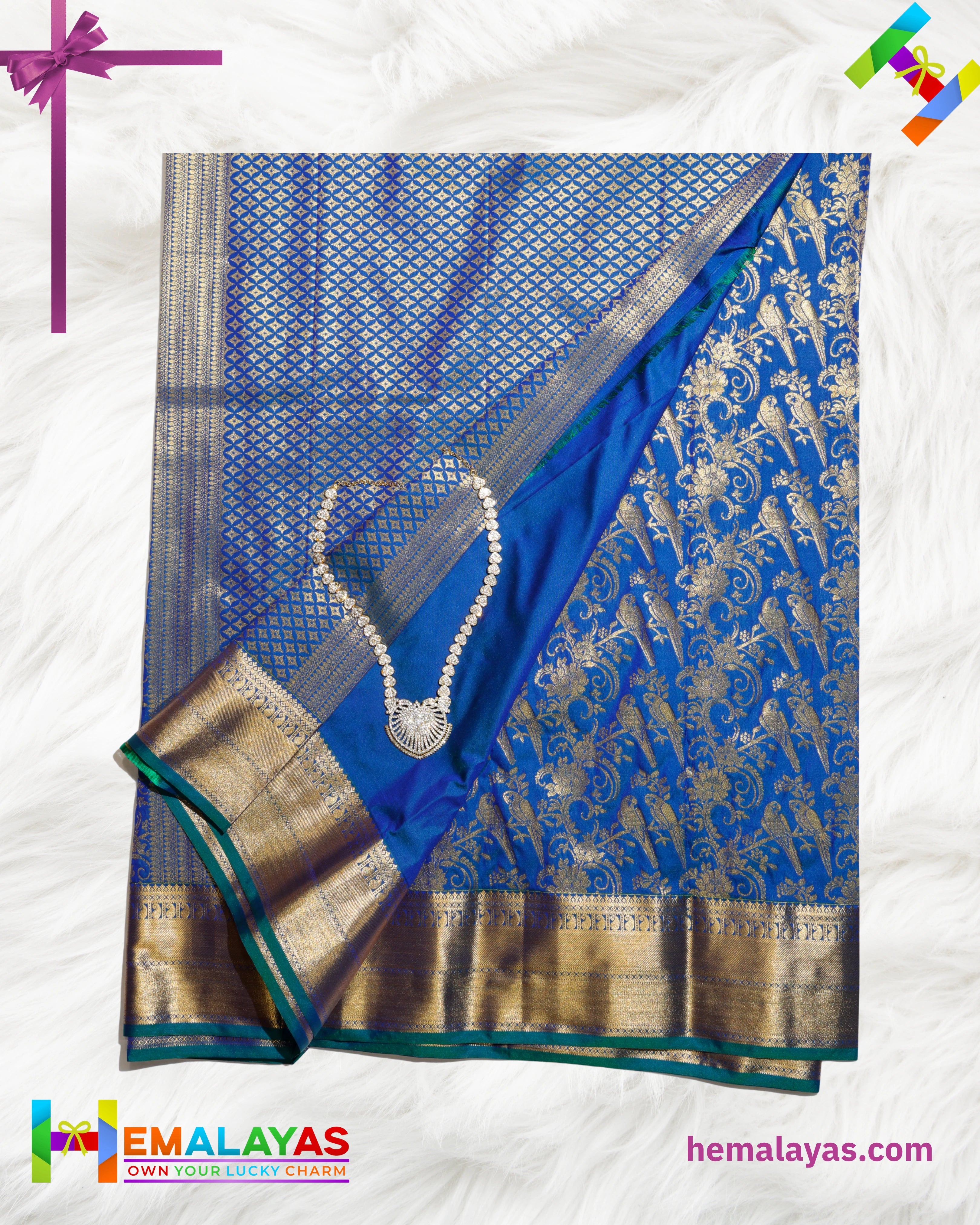 Royal Blue Kanchipuram Mix Silk Saree with Parrot & Floral Zari Design