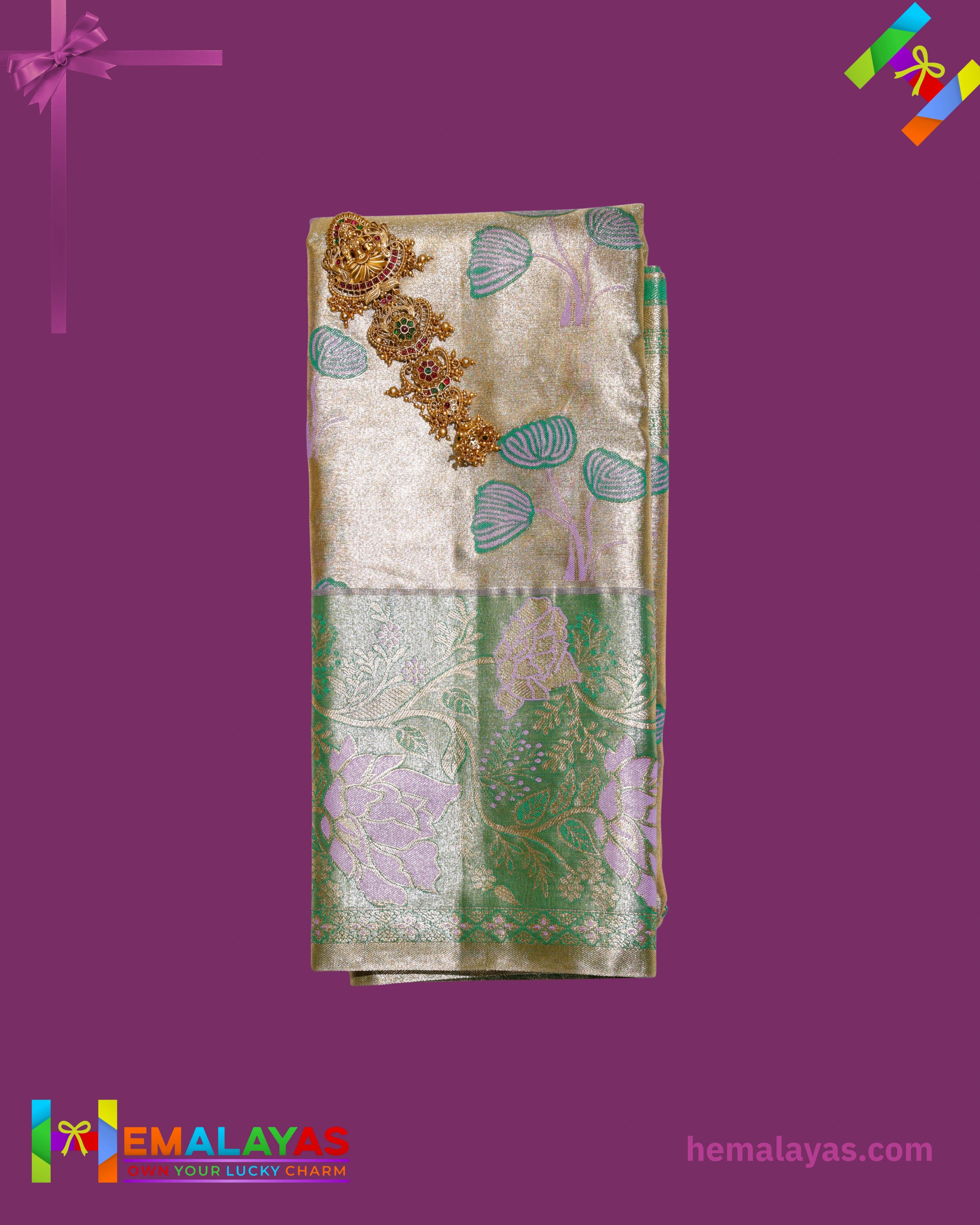 Gold & Pastel Green Kanchipuram Mix Silk Saree with Floral Zari Design