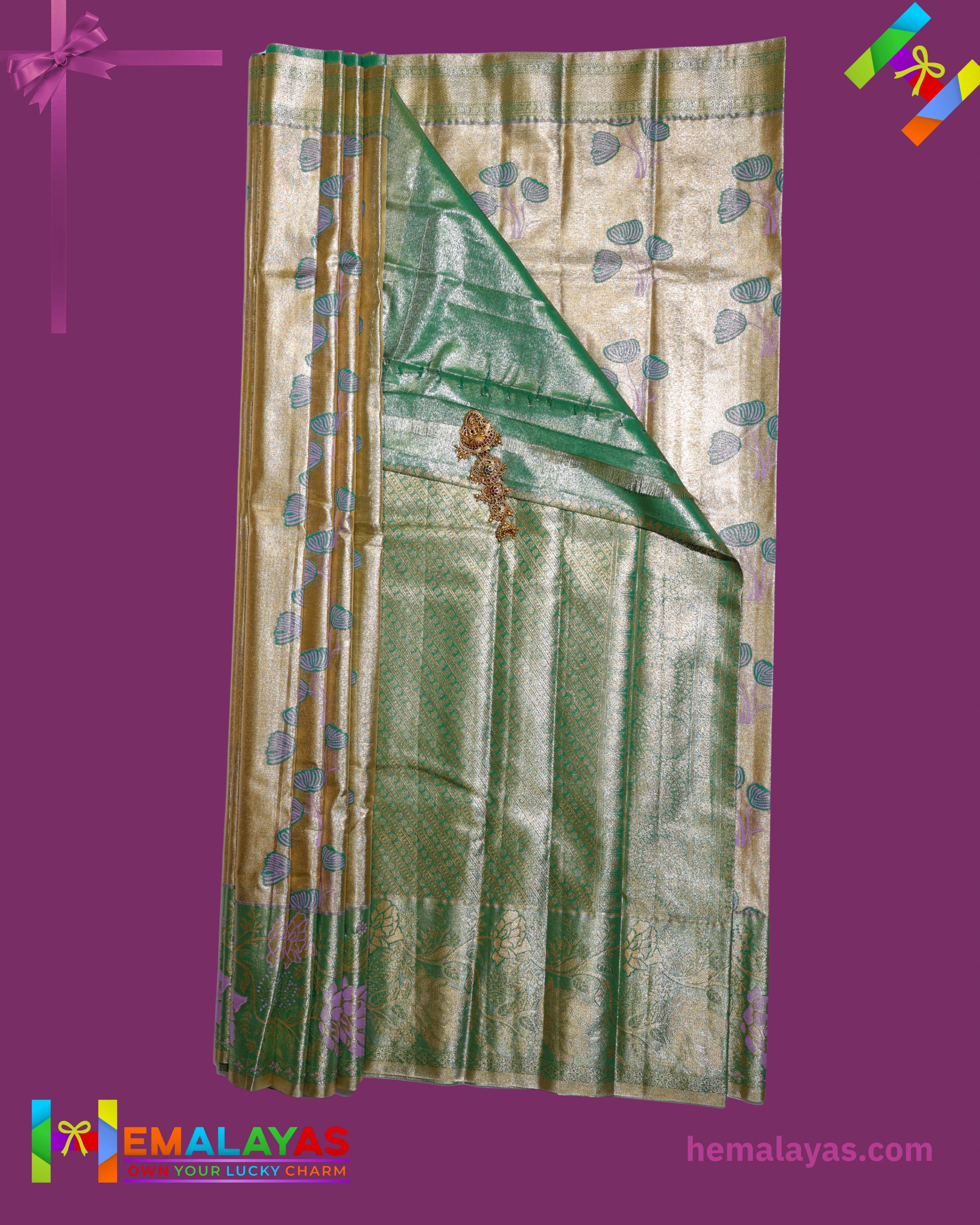 Gold & Pastel Green Kanchipuram Mix Silk Saree with Floral Zari Design