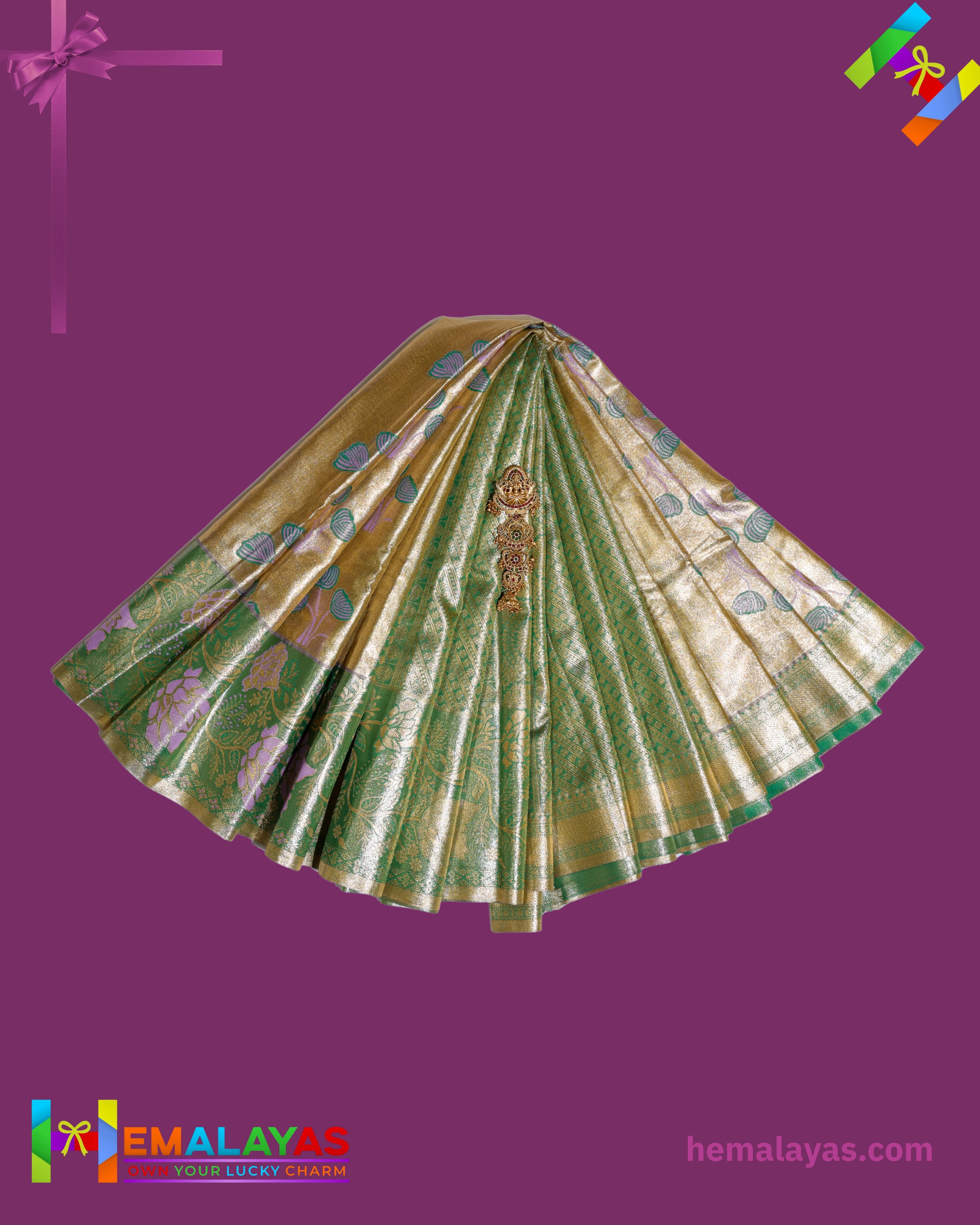 Gold & Pastel Green Kanchipuram Mix Silk Saree with Floral Zari Design