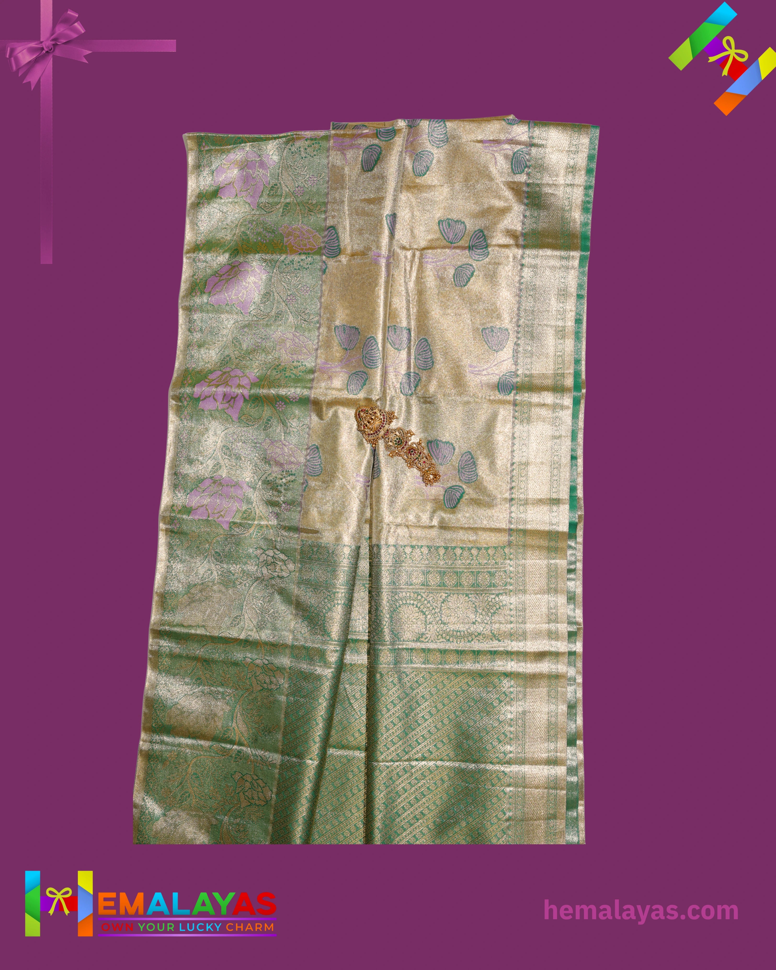 Gold & Pastel Green Kanchipuram Mix Silk Saree with Floral Zari Design