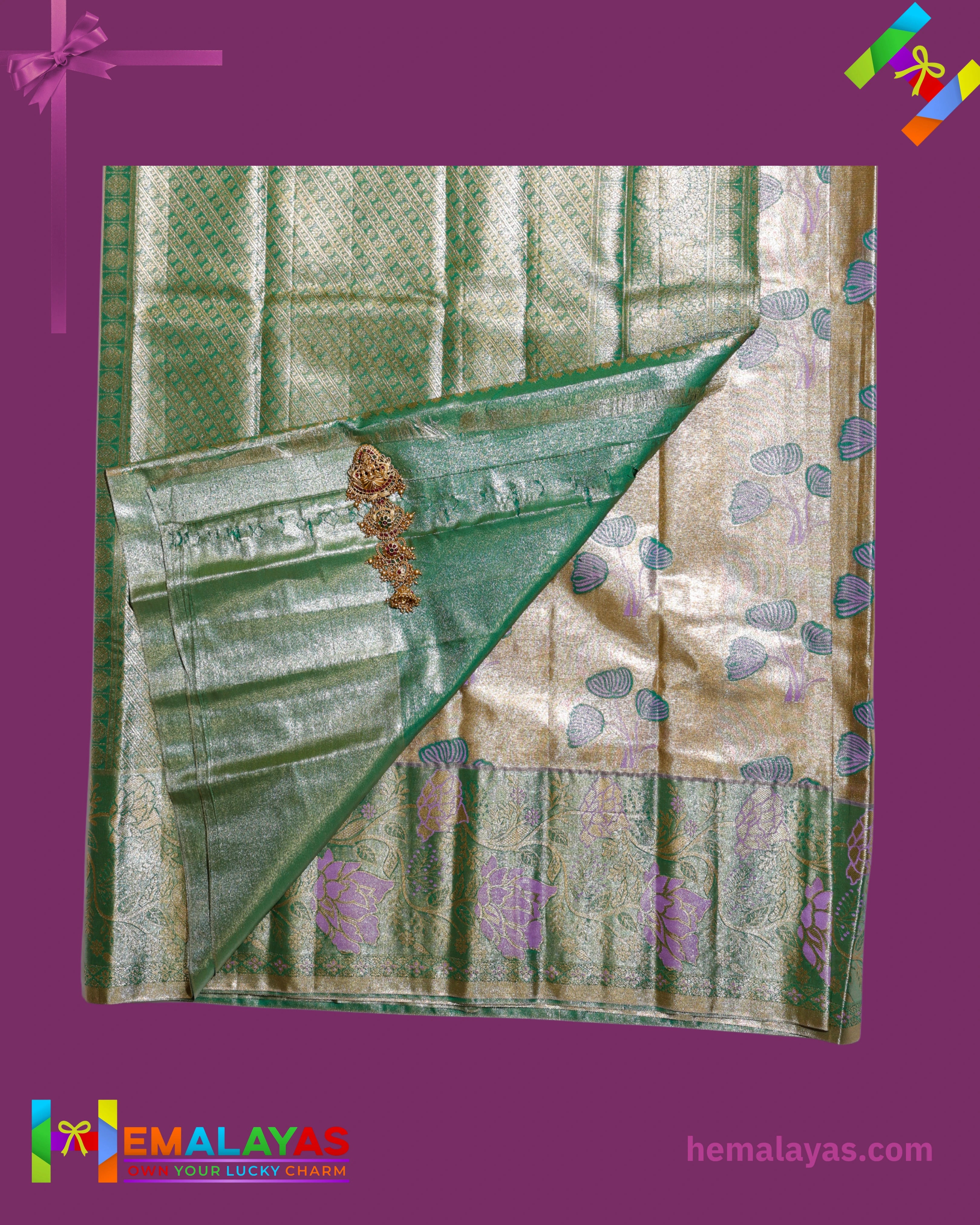 Gold & Pastel Green Kanchipuram Mix Silk Saree with Floral Zari Design
