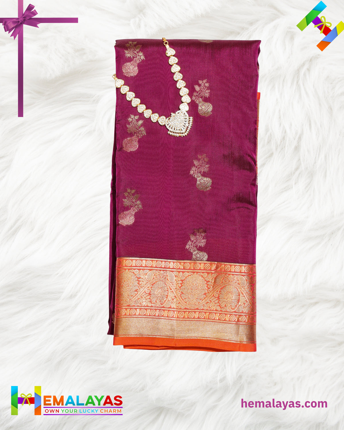 Deep Plum & Orange Kanchipuram Handloom Pure Silk Saree with Zari Border