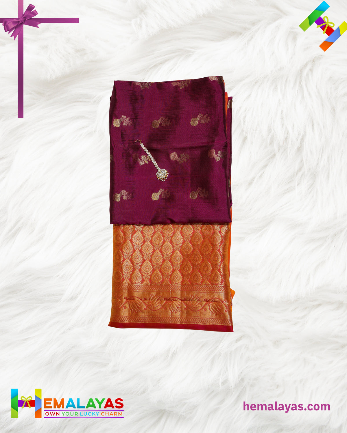 Deep Plum & Orange Kanchipuram Handloom Pure Silk Saree with Zari Border