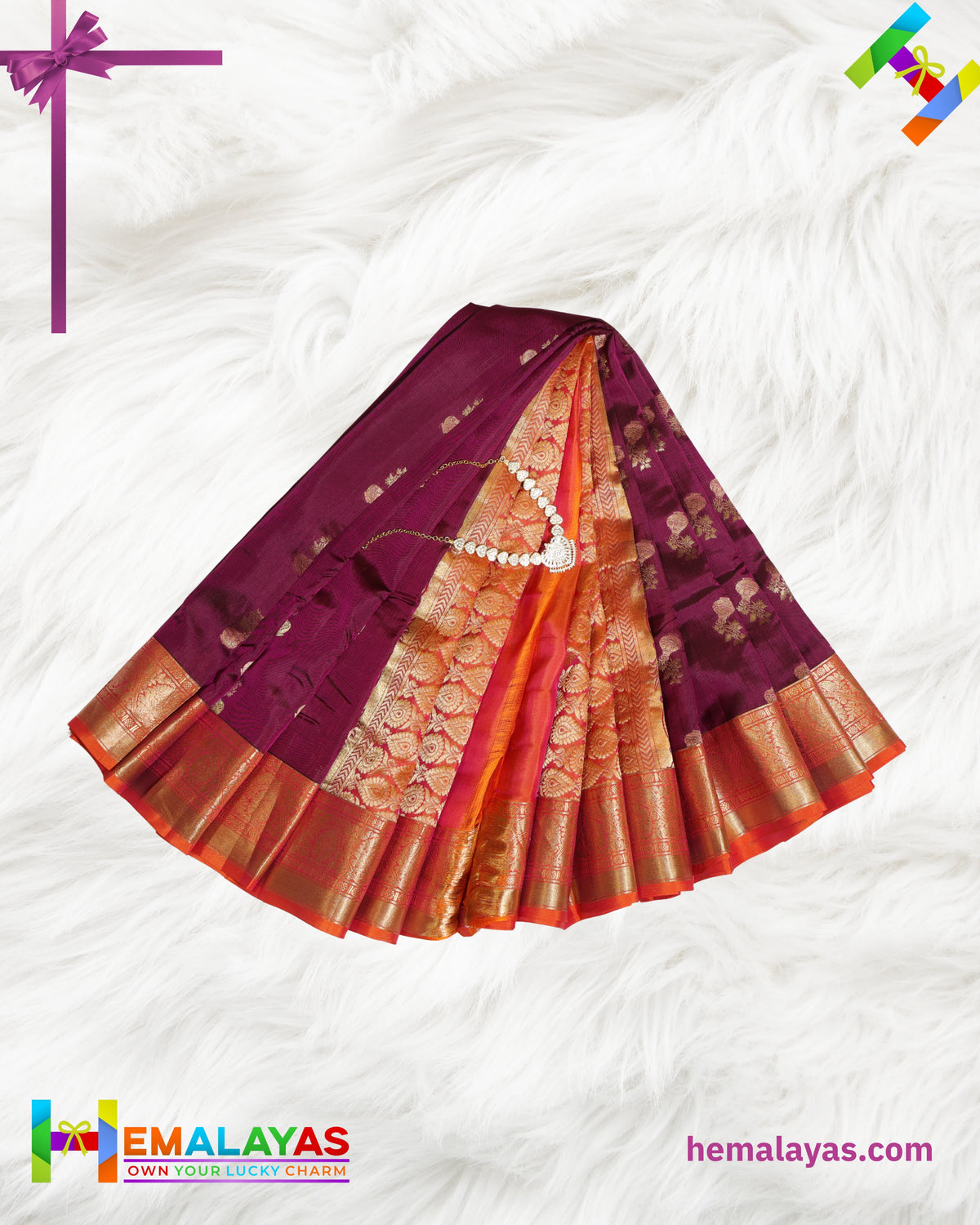 Deep Plum & Orange Kanchipuram Handloom Pure Silk Saree with Zari Border