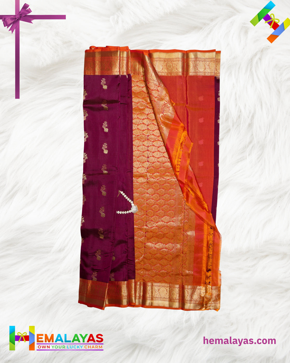 Deep Plum & Orange Kanchipuram Handloom Pure Silk Saree with Zari Border