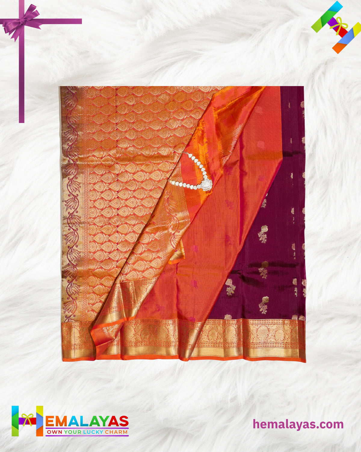 Deep Plum & Orange Kanchipuram Handloom Pure Silk Saree with Zari Border