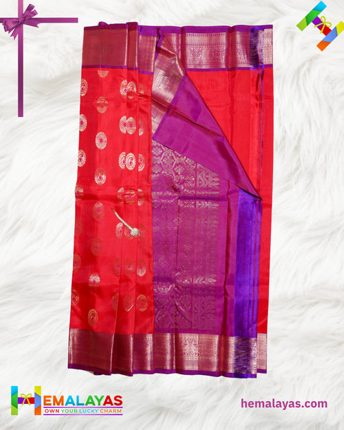 Coral Red Kanchipuram Handloom Pure Silk Saree with Zari Motifs