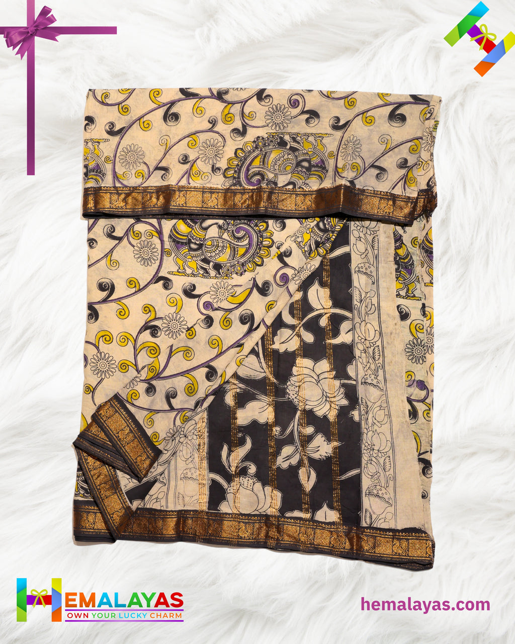 Off White Mixed Soft Sungudi Saree with Artistic Kalamkari-Inspired Print