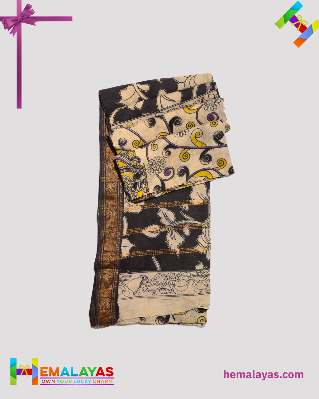 Off White Mixed Soft Sungudi Saree with Artistic Kalamkari-Inspired Print