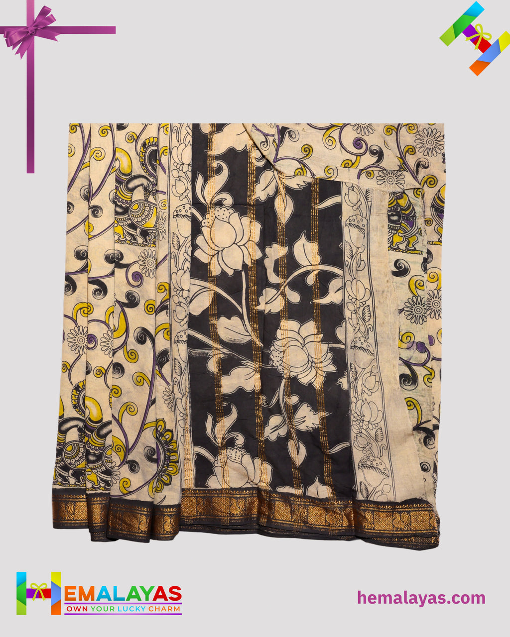 Off White Mixed Soft Sungudi Saree with Artistic Kalamkari-Inspired Print