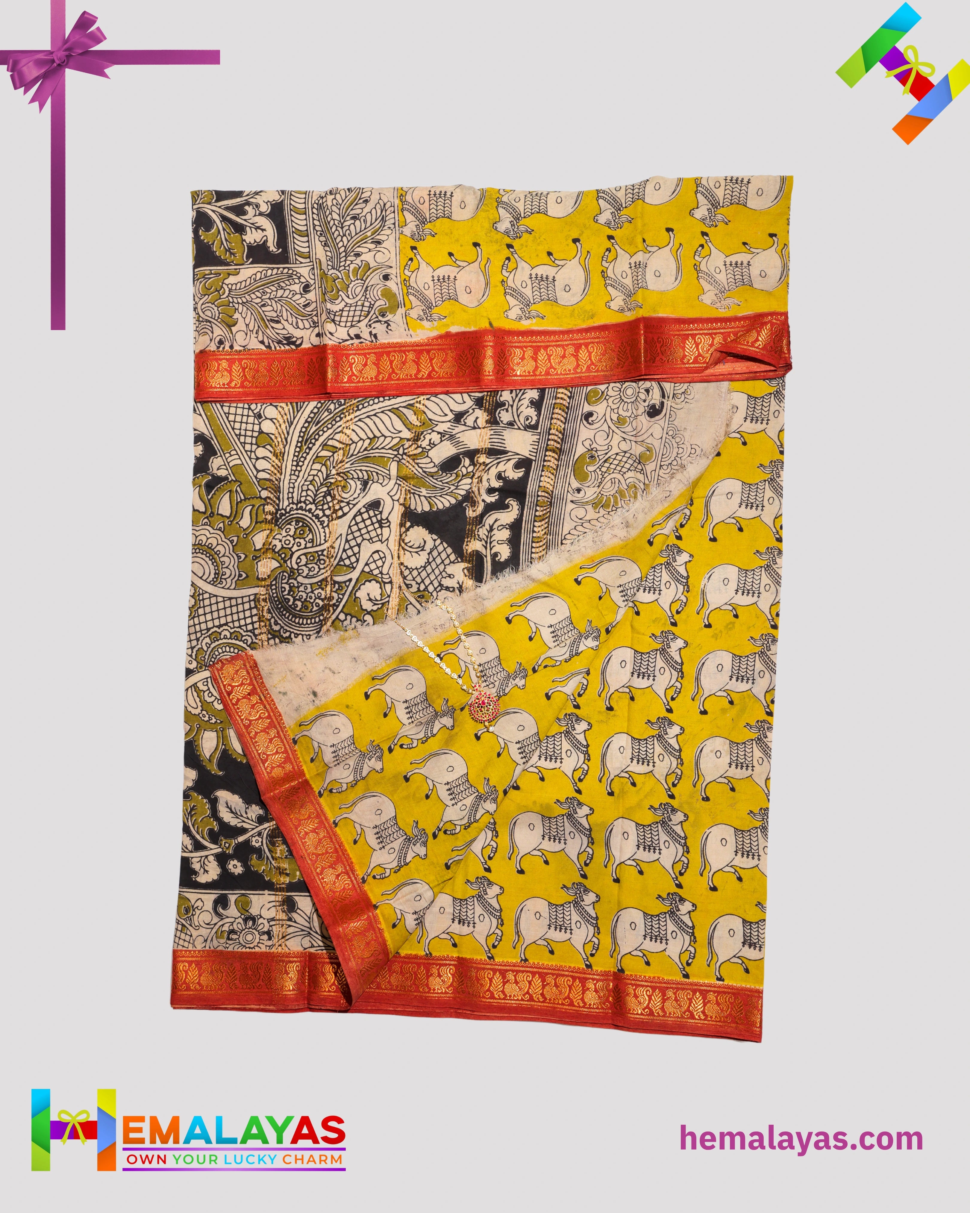 Mustard Yellow Mixed Soft Sungudi Saree with Traditional Animal Print