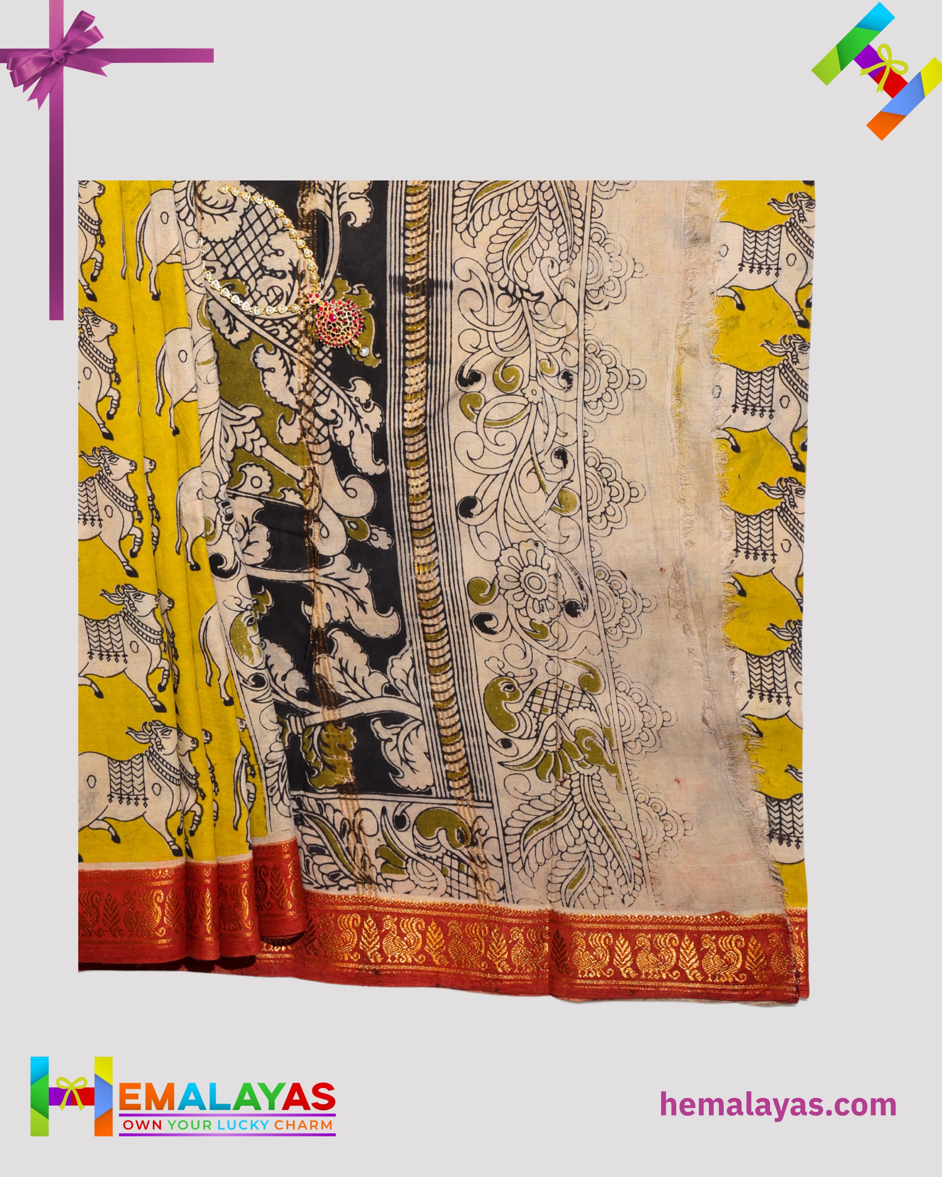 Mustard Yellow Mixed Soft Sungudi Saree with Traditional Animal Print