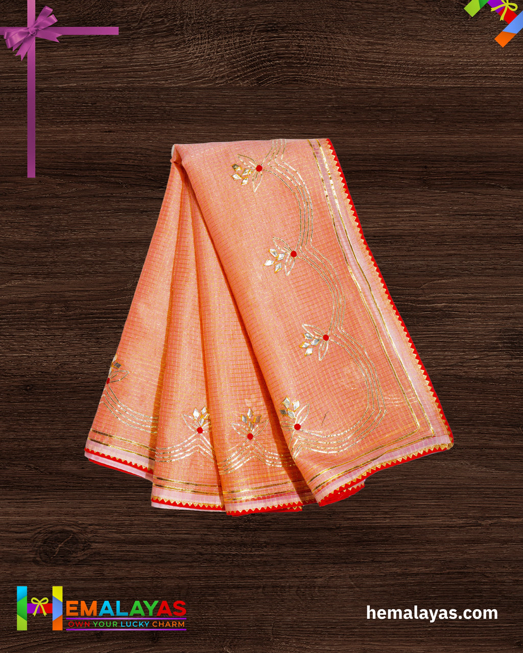 Peach Embroidered Kota Cotton Saree