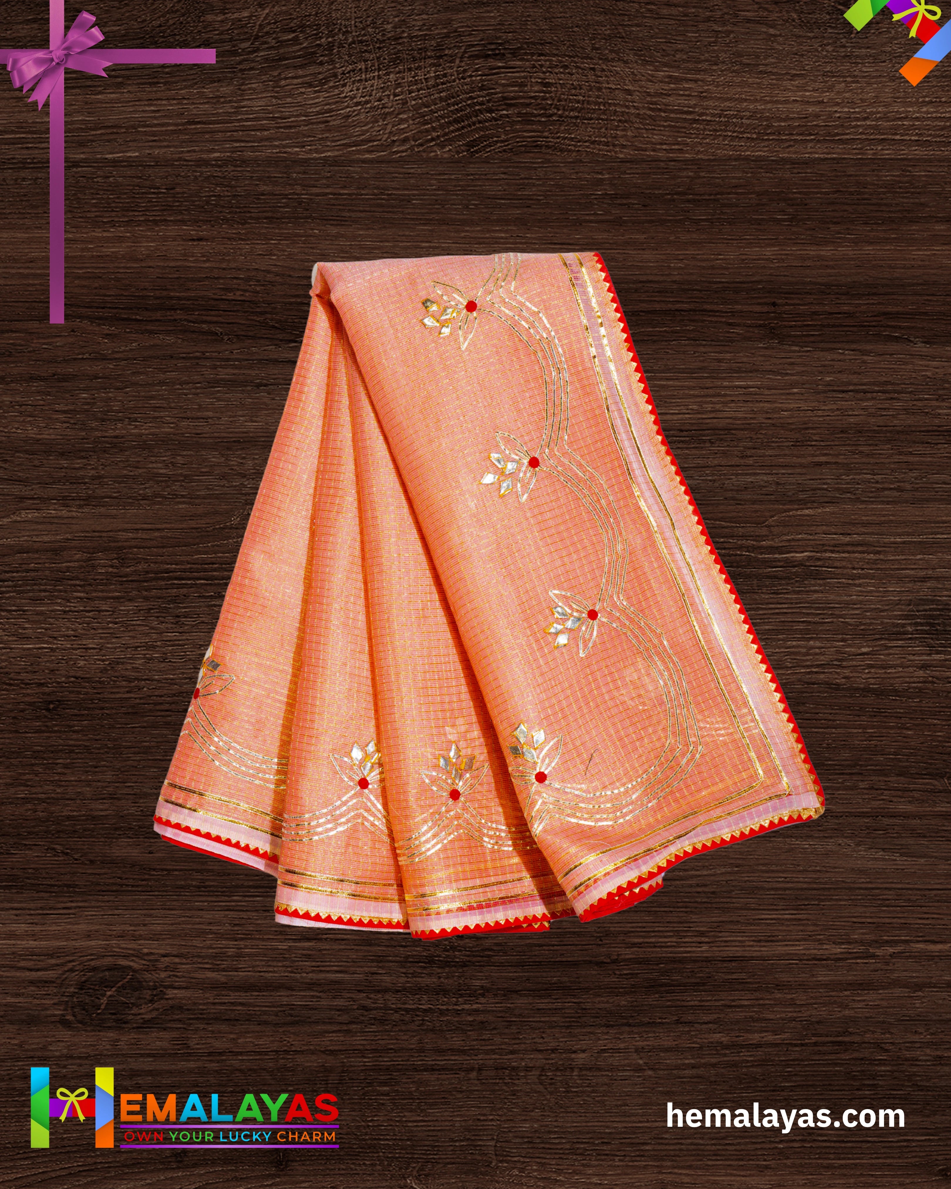 Peach Embroidered Kota Cotton Saree