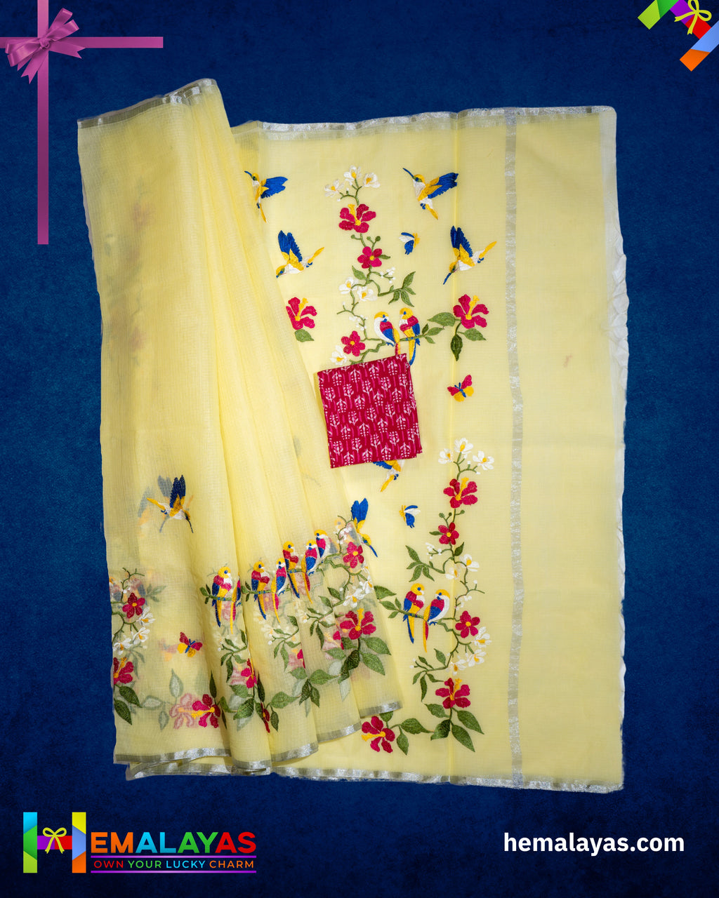 Lemon Yellow Embroidered Kota Cotton Saree