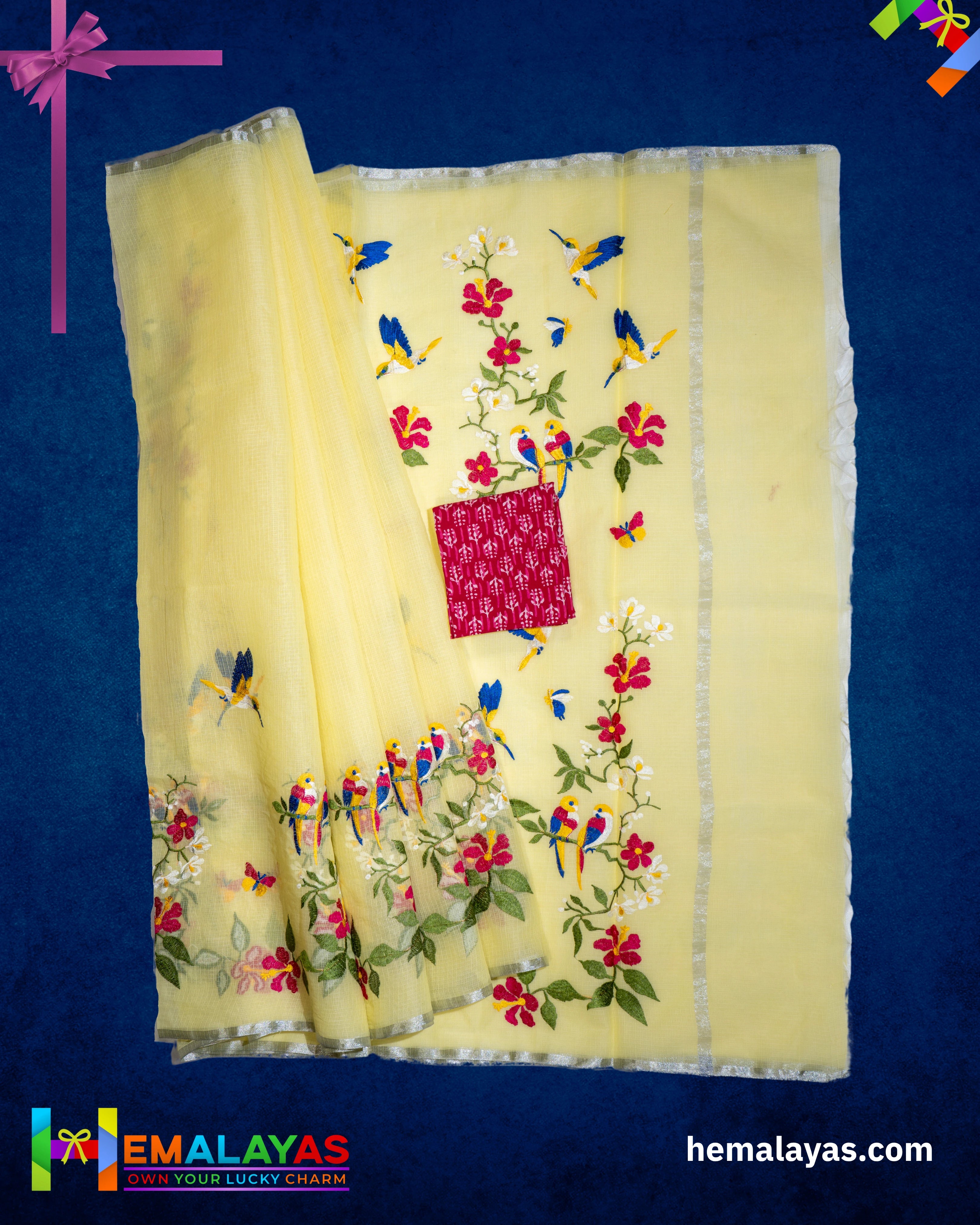 Lemon Yellow Embroidered Kota Cotton Saree