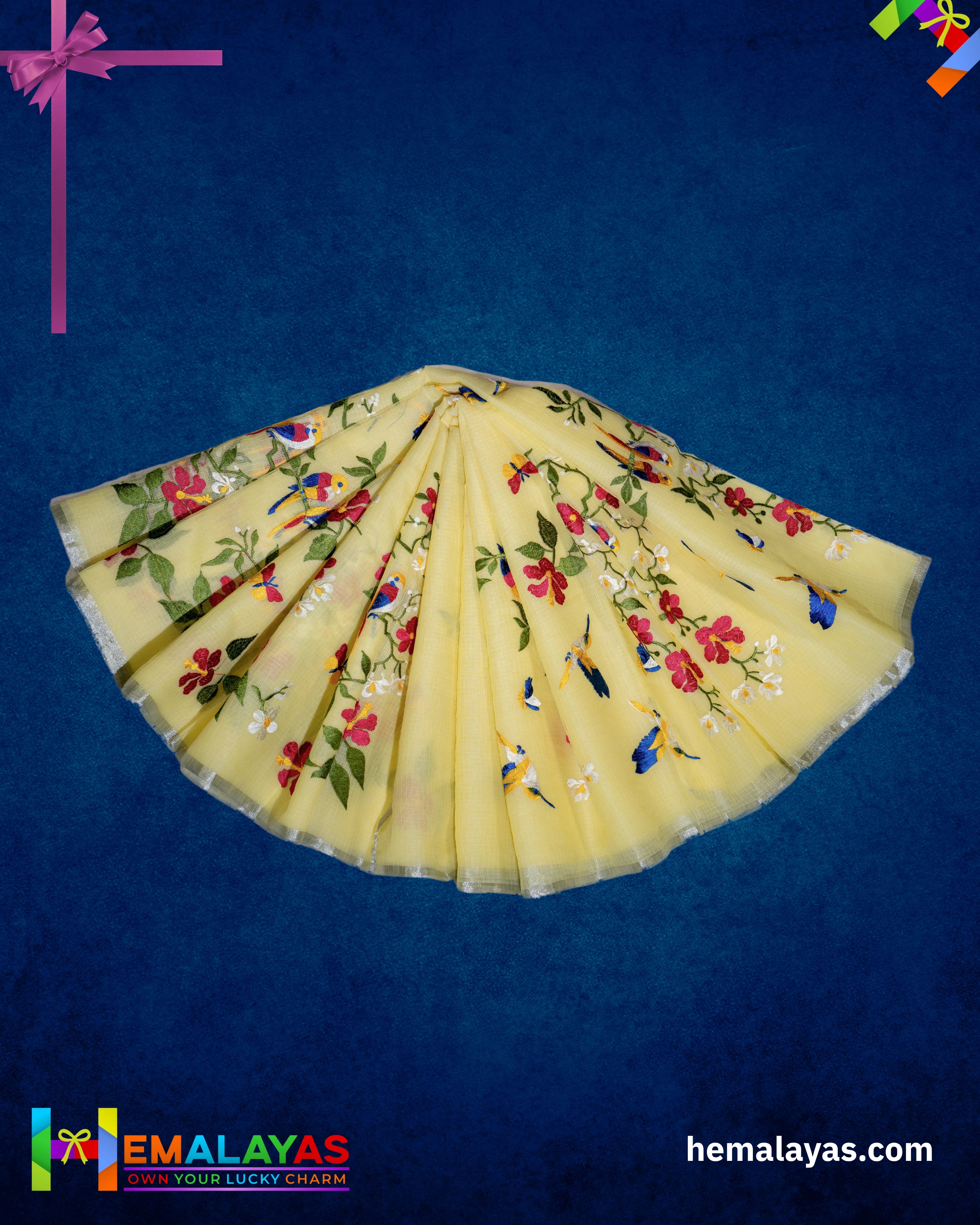 Lemon Yellow Embroidered Kota Cotton Saree