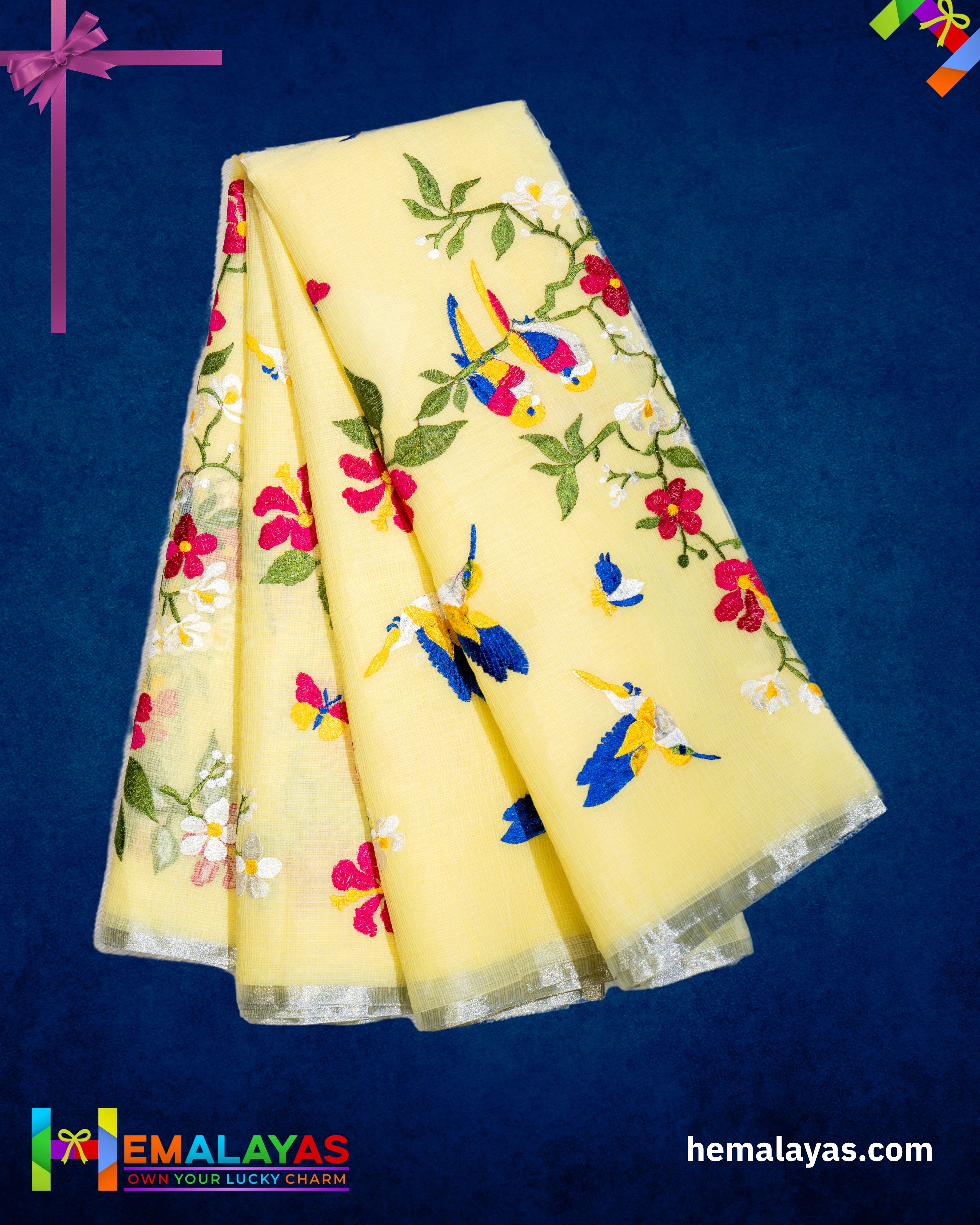Lemon Yellow Embroidered Kota Cotton Saree