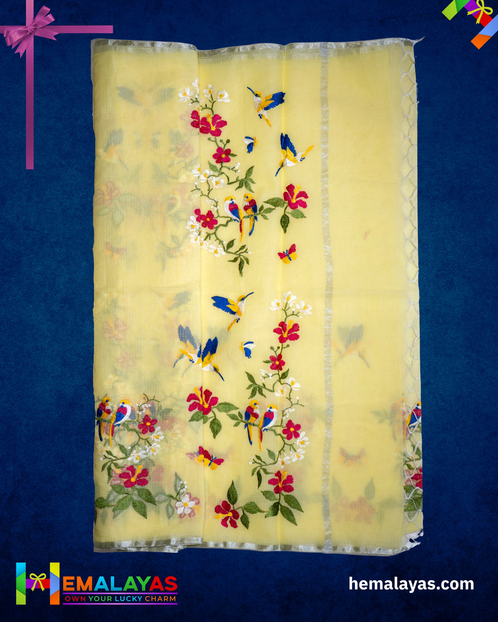 Lemon Yellow Embroidered Kota Cotton Saree