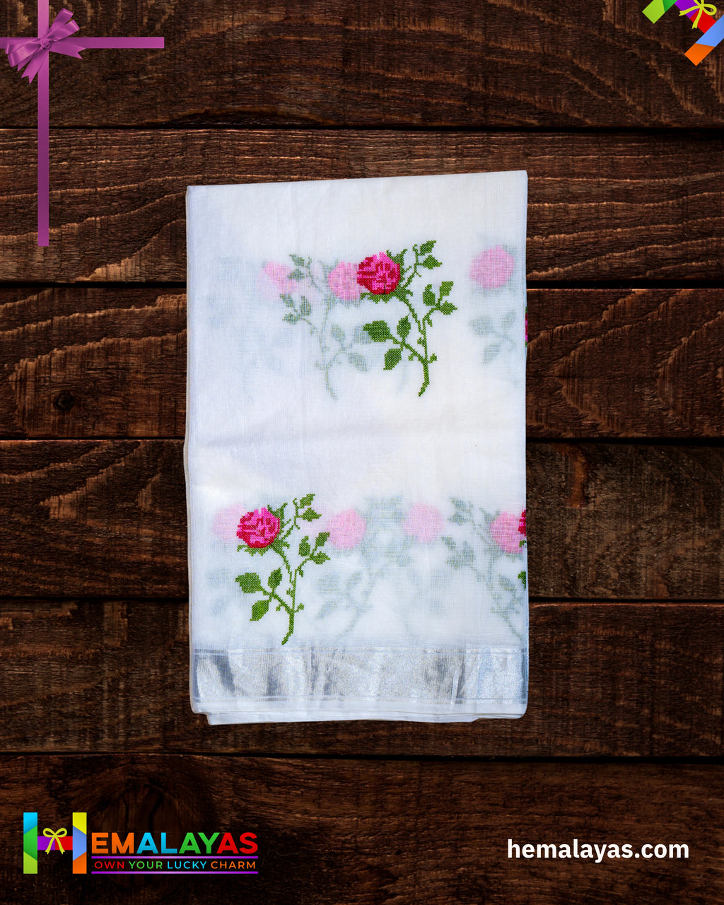 White with Pink Embroidered Kota Cotton Saree