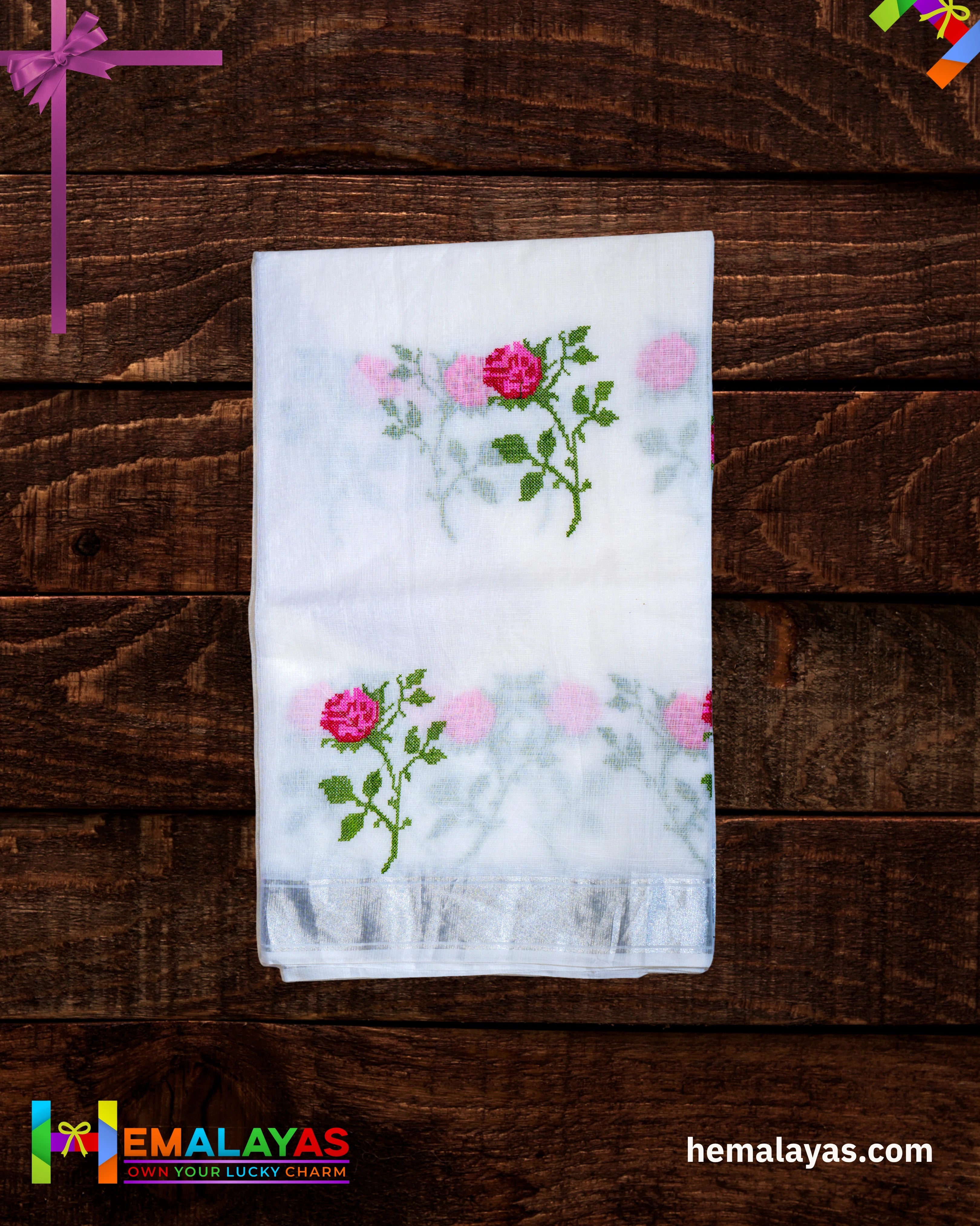 White with Pink Embroidered Kota Cotton Saree