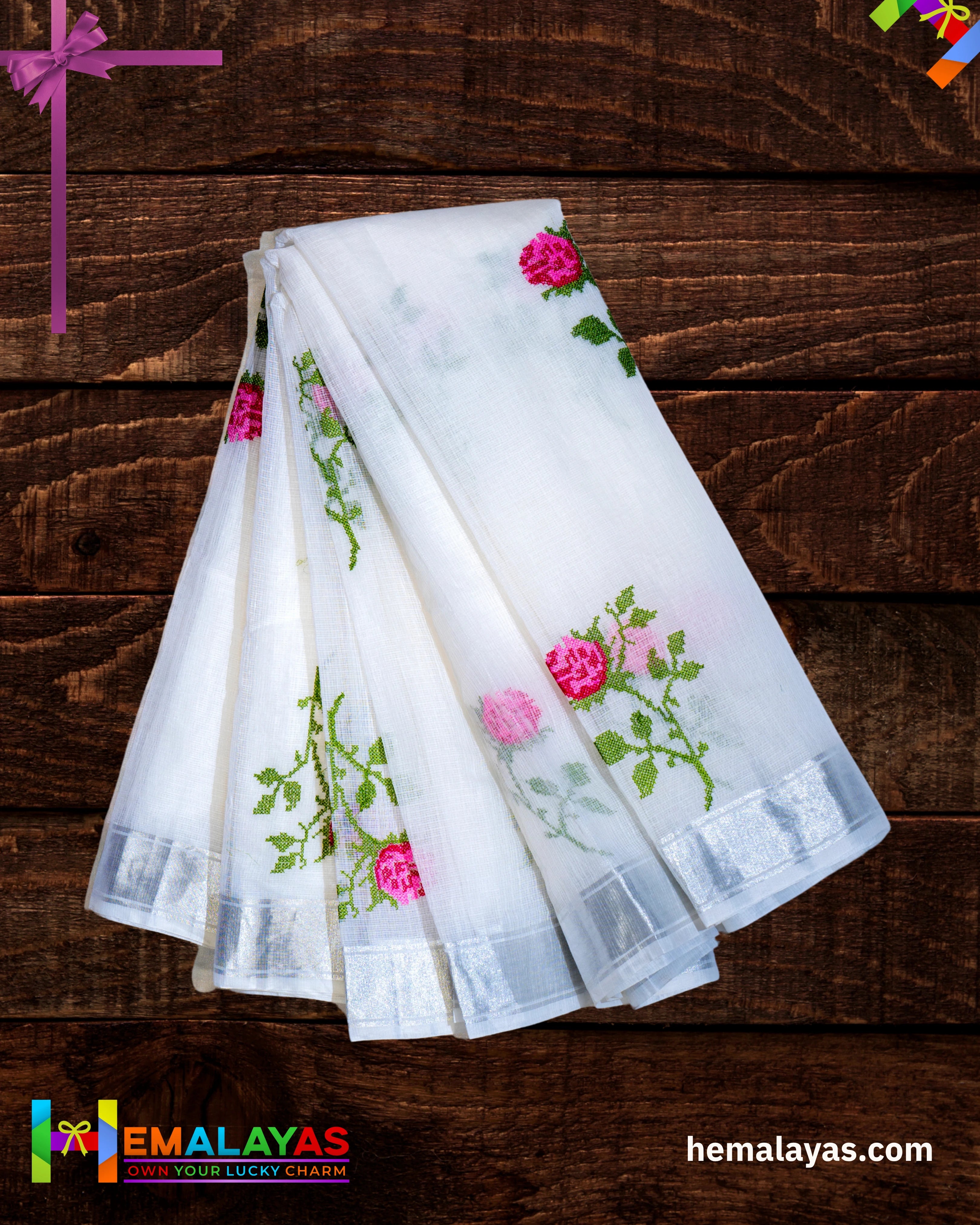 White with Pink Embroidered Kota Cotton Saree
