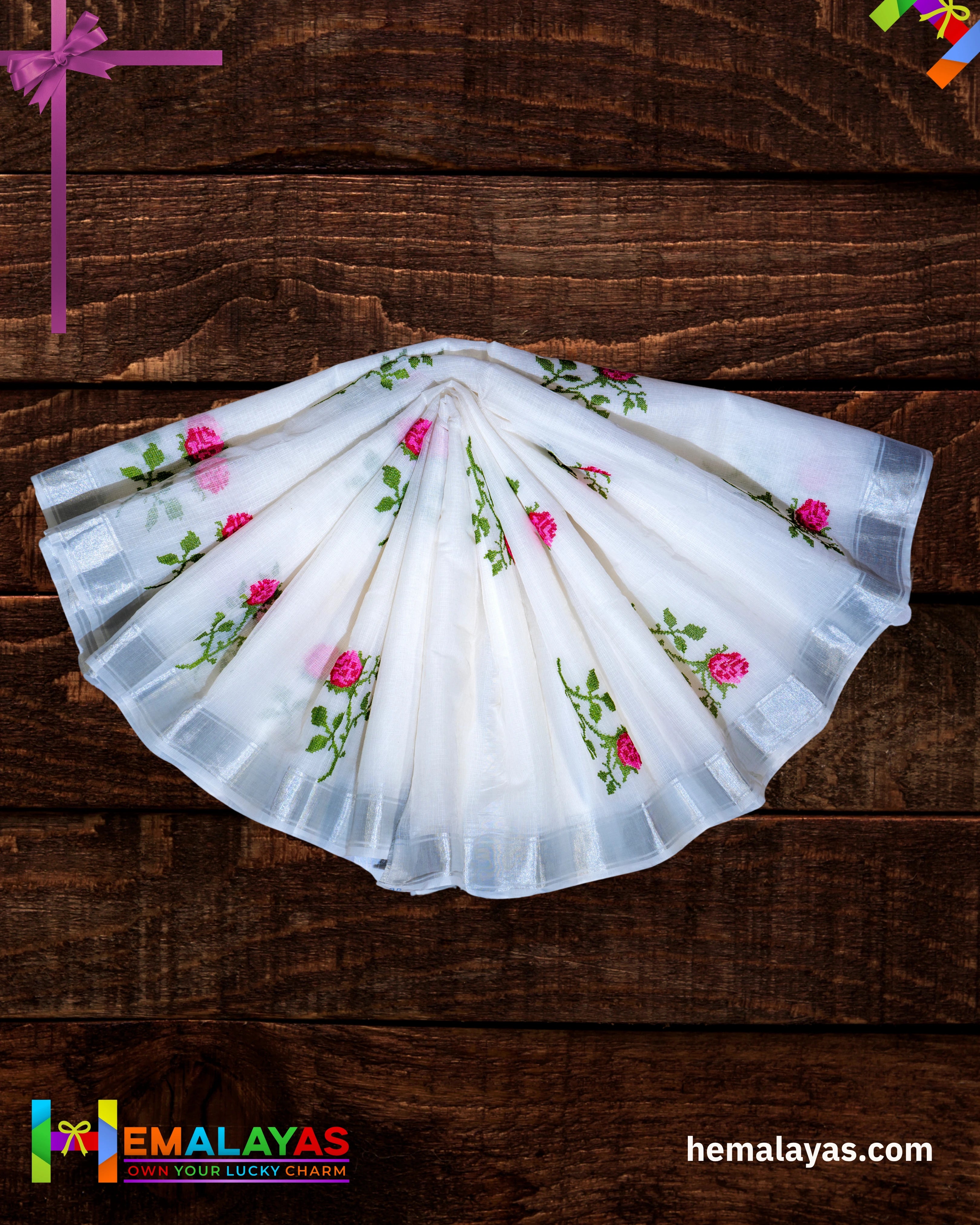 White with Pink Embroidered Kota Cotton Saree