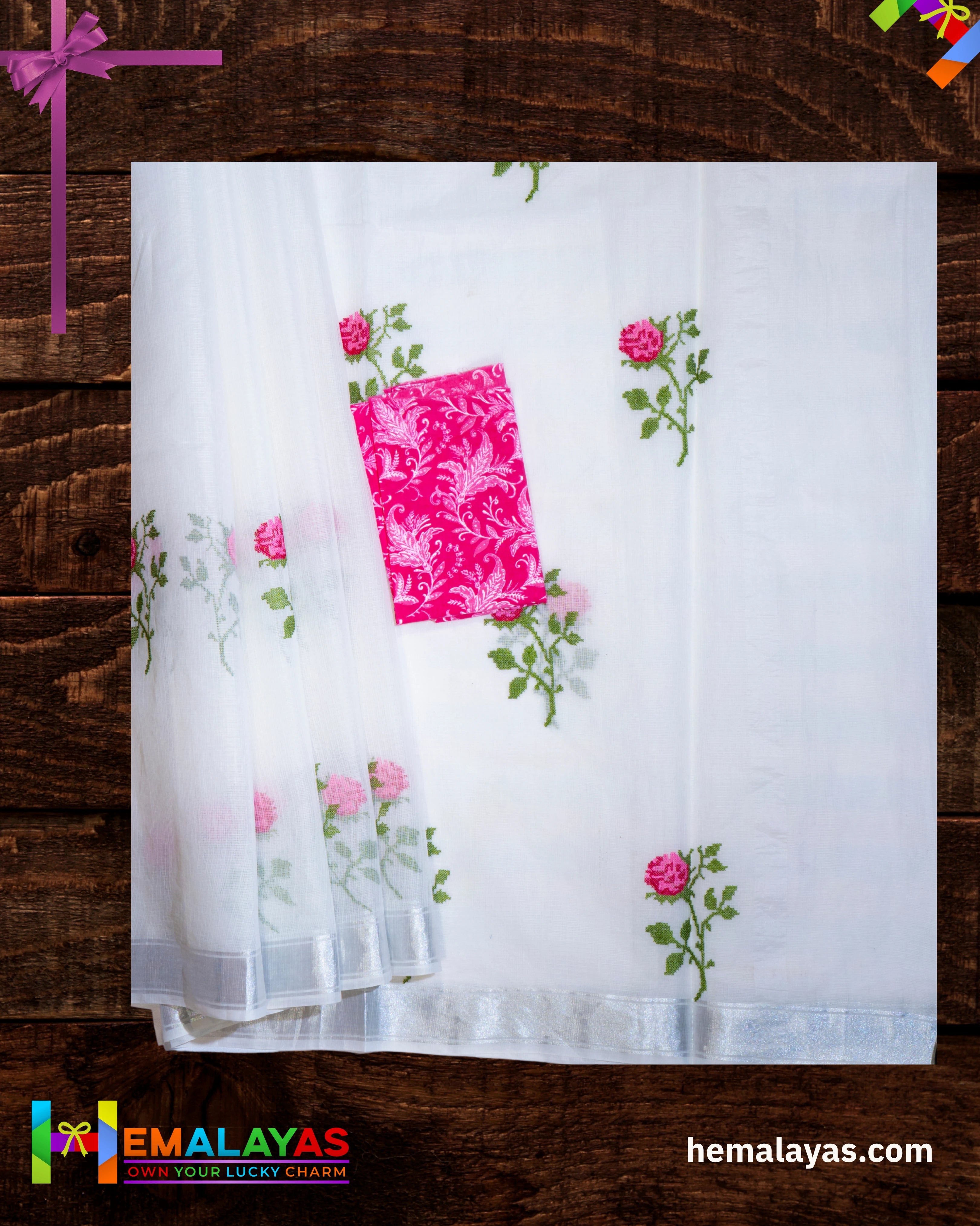 White with Pink Embroidered Kota Cotton Saree