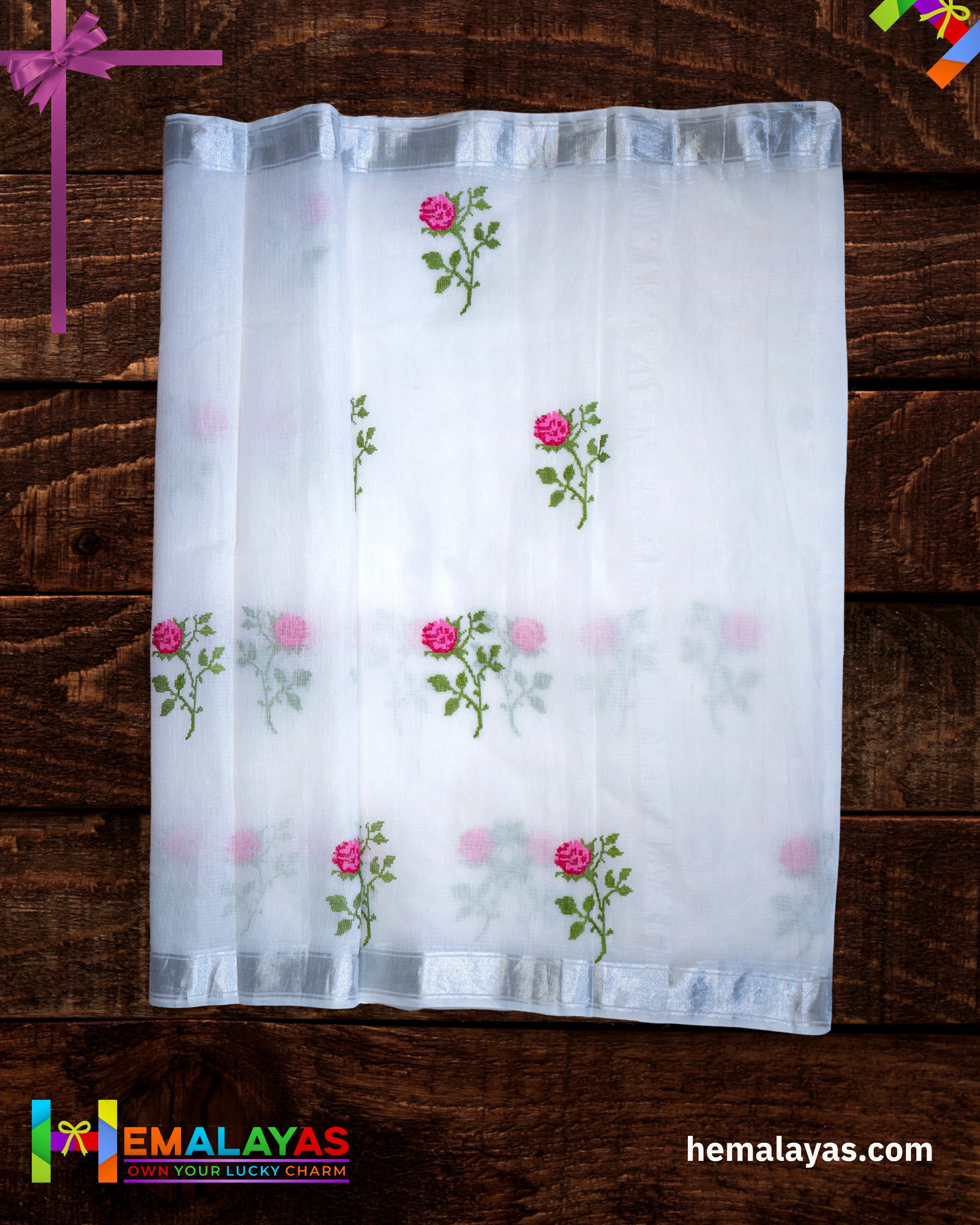 White with Pink Embroidered Kota Cotton Saree