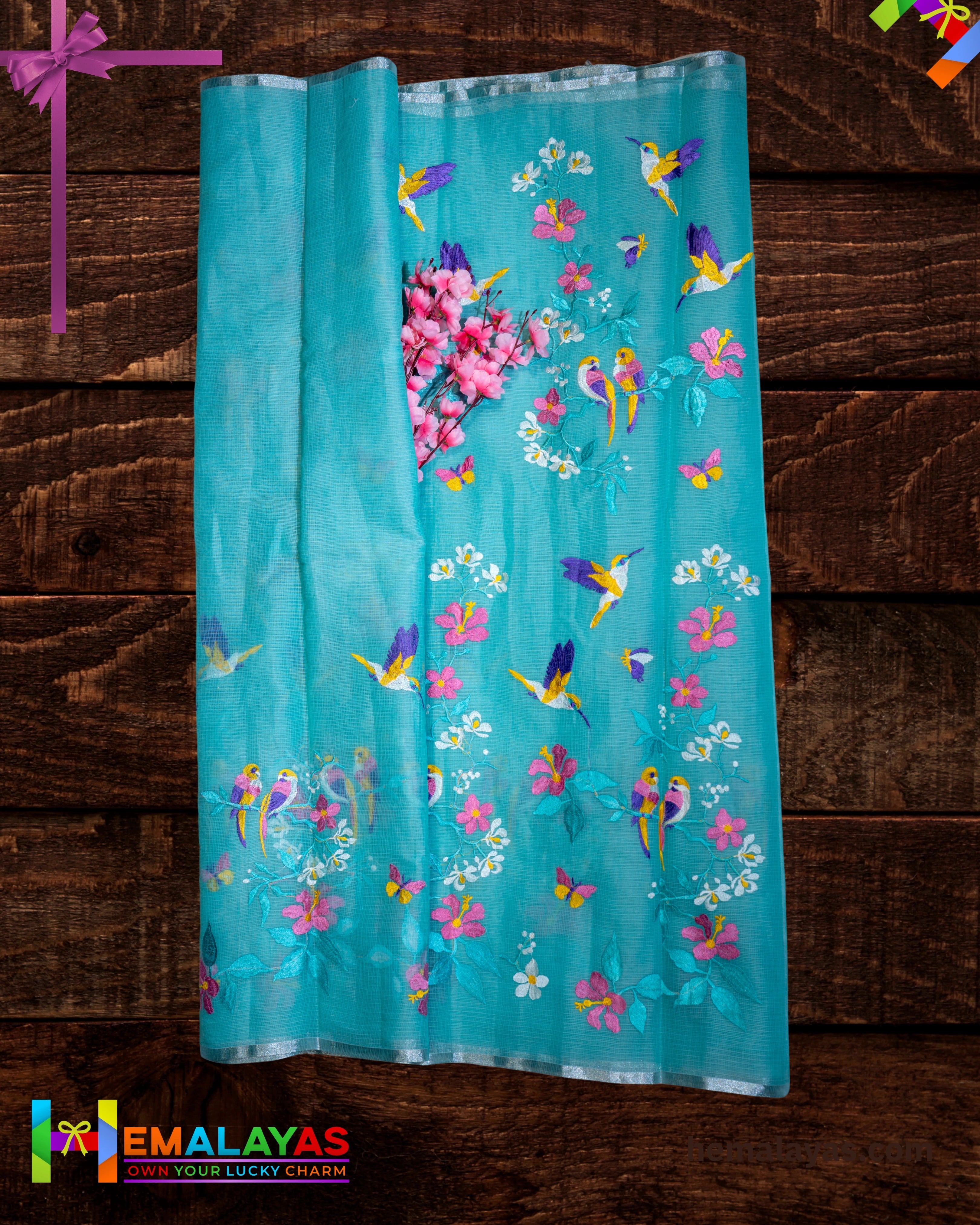 Teal Green Embroidered Kota Cotton Saree