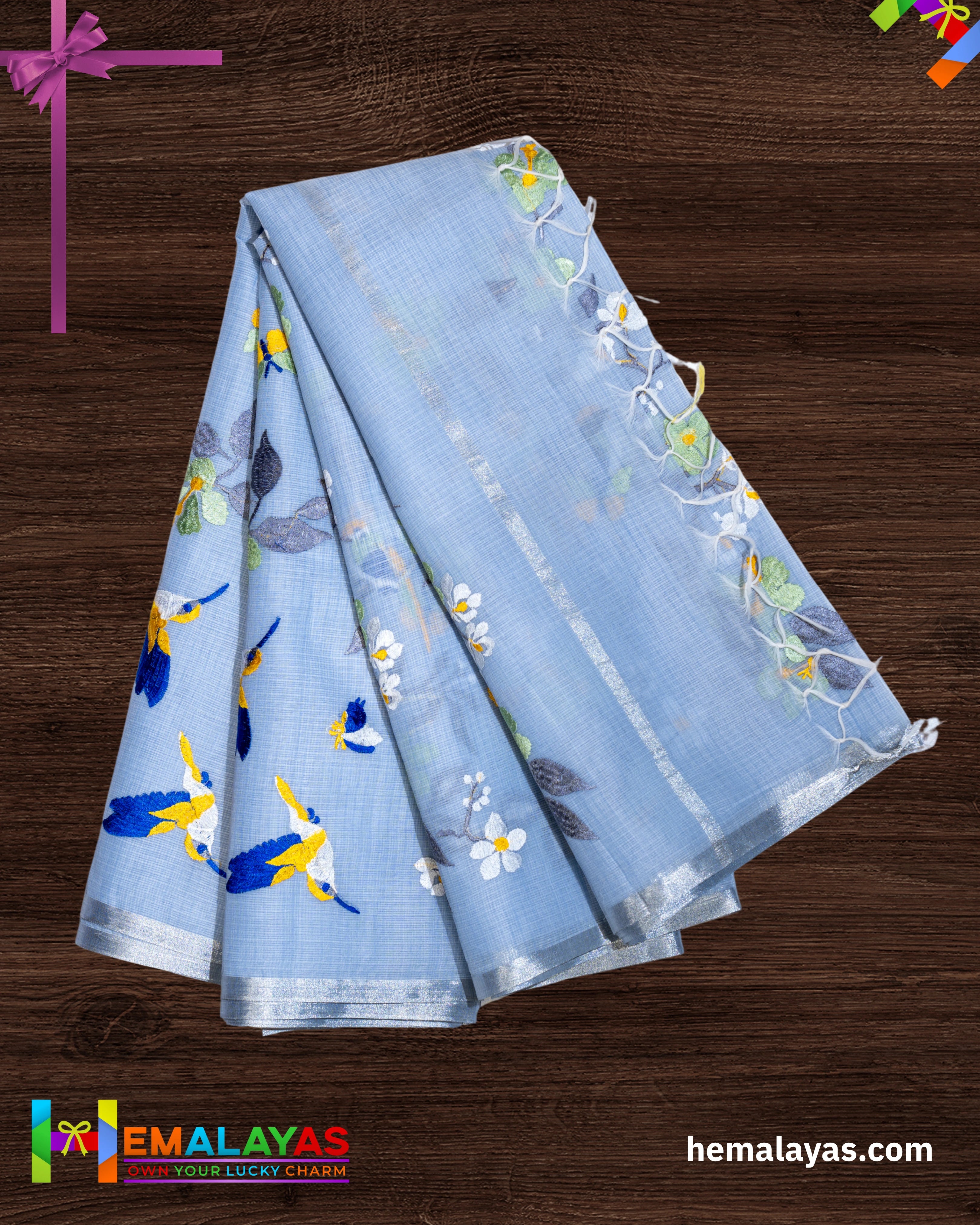 Powder Blue Embroidered Kota Cotton Saree