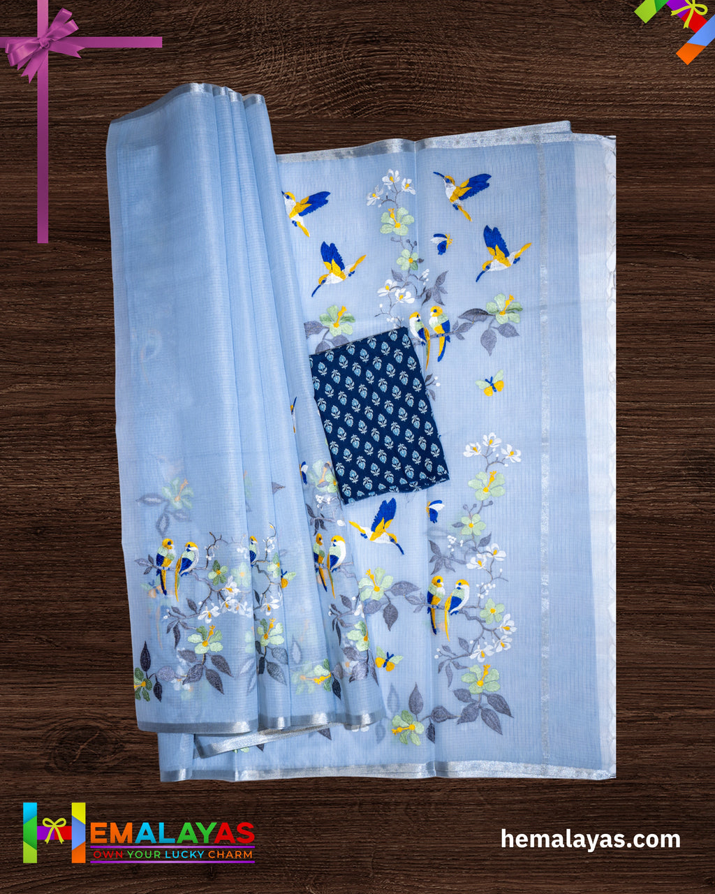 Powder Blue Embroidered Kota Cotton Saree