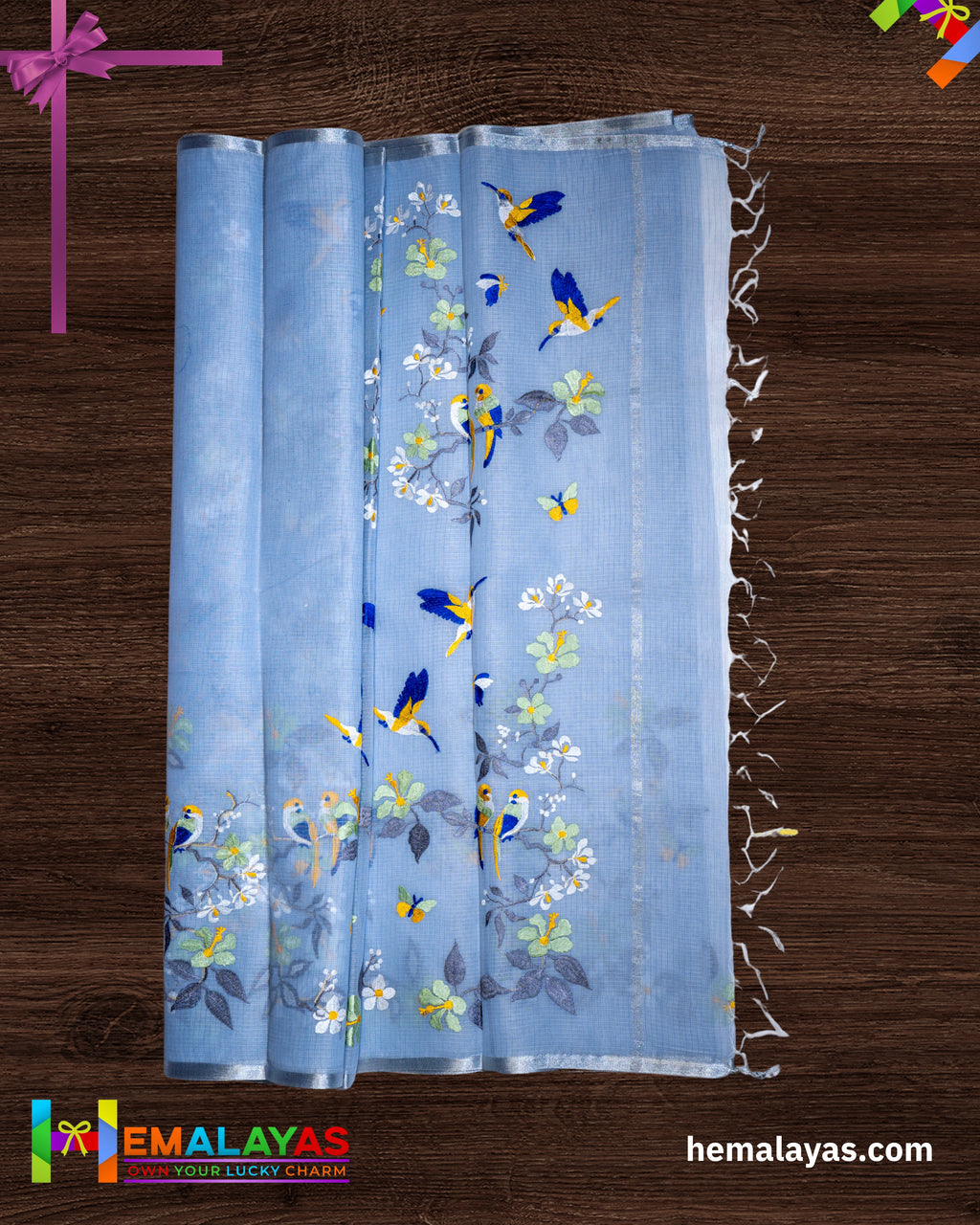 Powder Blue Embroidered Kota Cotton Saree