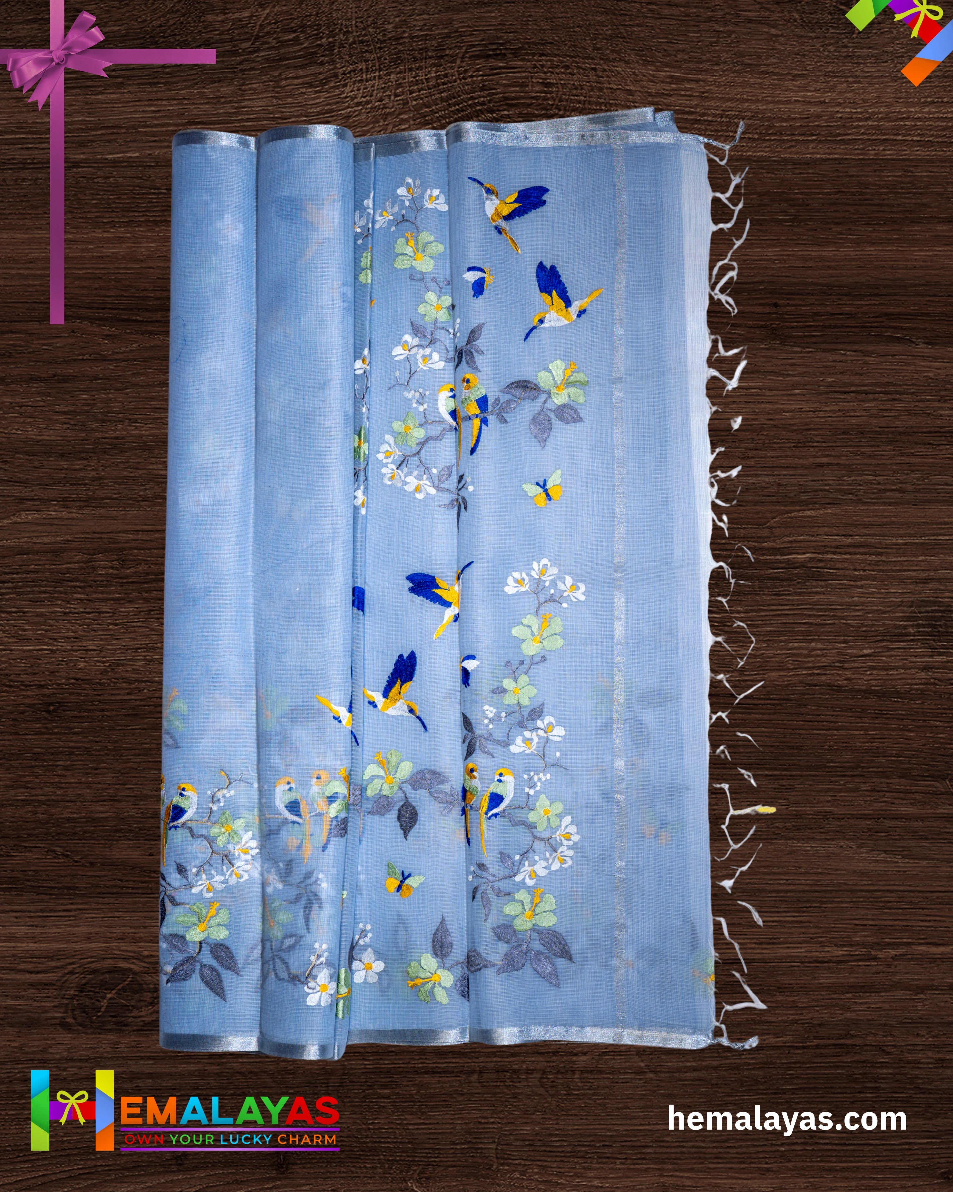Powder Blue Embroidered Kota Cotton Saree