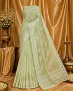 Premium Pure Organza Jamdani Saree with Zari Butti Pallu & Lace Border