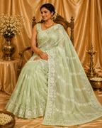 Premium Pure Organza Jamdani Saree with Zari Butti Pallu & Lace Border