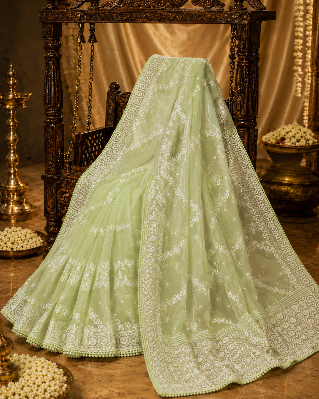 Premium Pure Organza Jamdani Saree with Zari Butti Pallu & Lace Border