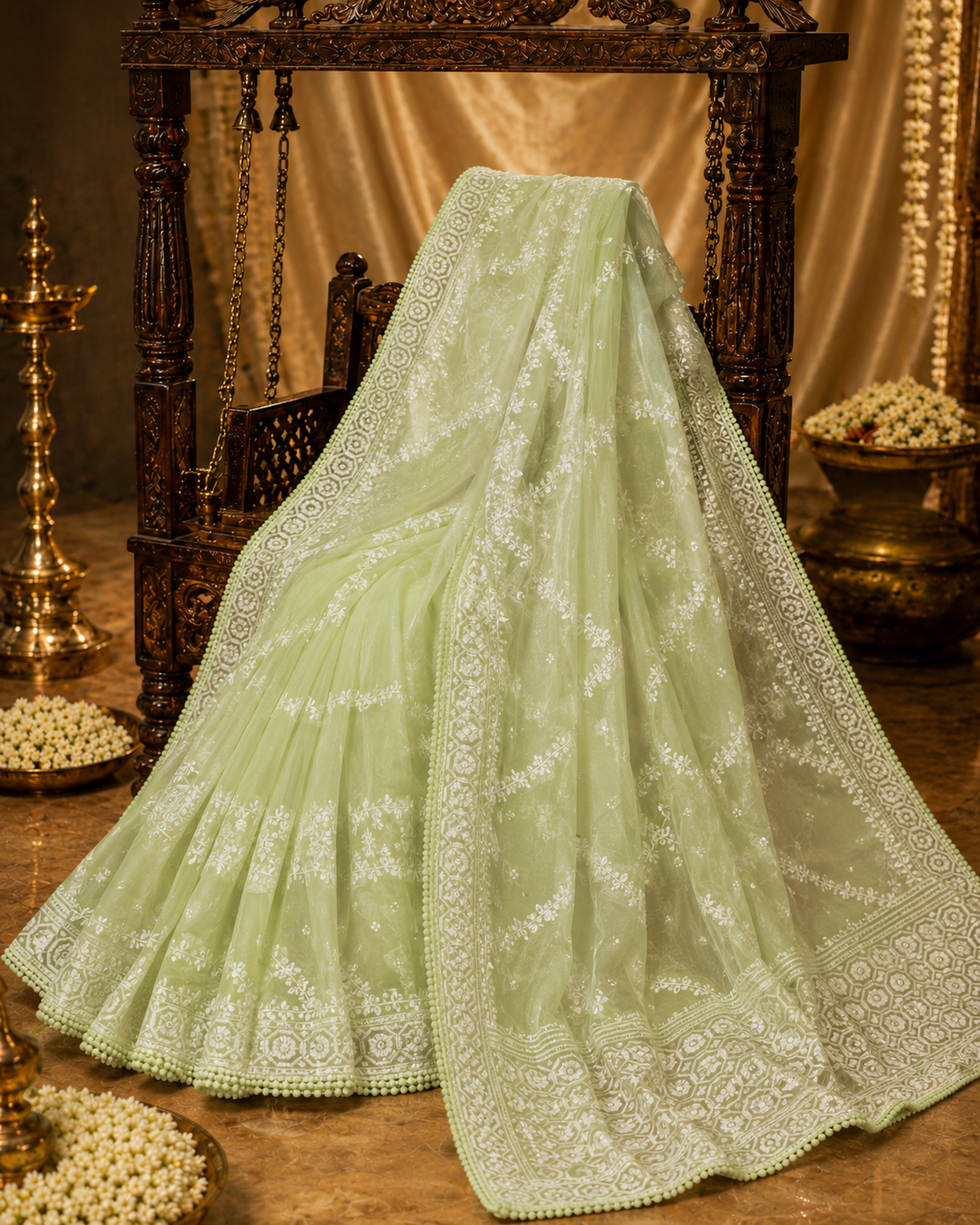 Premium Pure Organza Jamdani Saree with Zari Butti Pallu & Lace Border