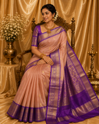Peach & Royal Purple Pure Korvai Silk Saree with Zari Motifs