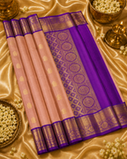 Peach & Royal Purple Pure Korvai Silk Saree with Zari Motifs