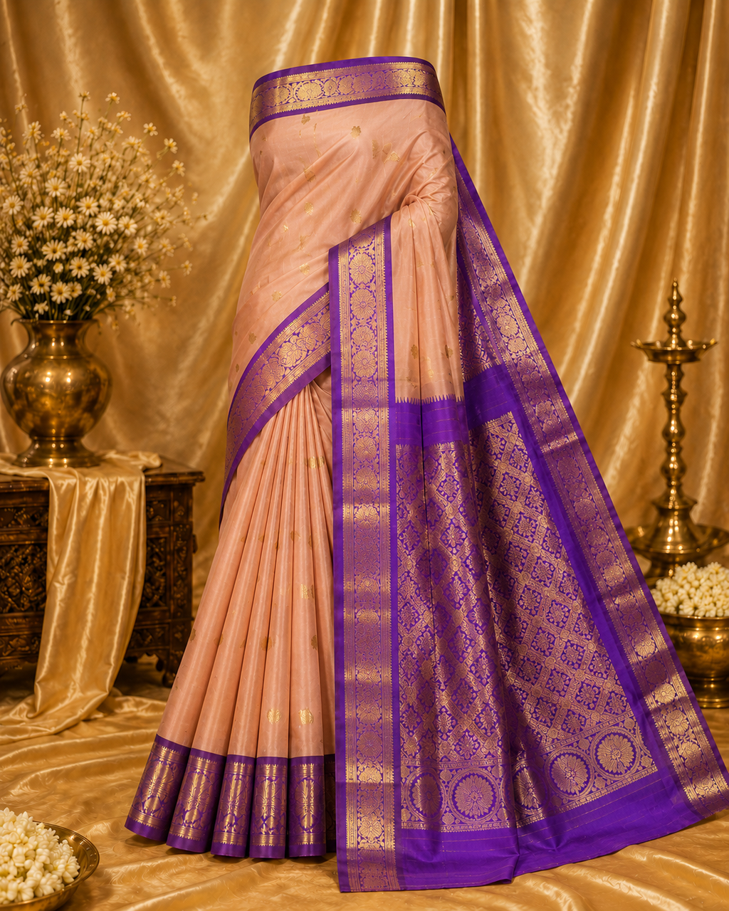 Peach & Royal Purple Pure Korvai Silk Saree with Zari Motifs