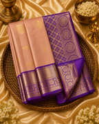 Peach & Royal Purple Pure Korvai Silk Saree with Zari Motifs