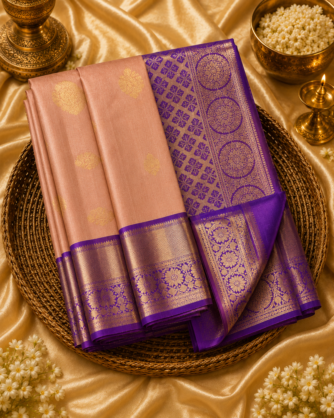 Peach & Royal Purple Pure Korvai Silk Saree with Zari Motifs