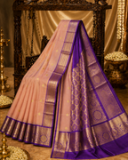Peach & Royal Purple Pure Korvai Silk Saree with Zari Motifs